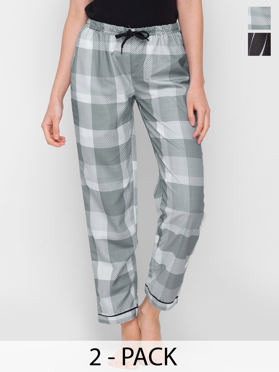 

FashionRack Women Pack Of 2 Checked & Printed Pyjamas, Grey