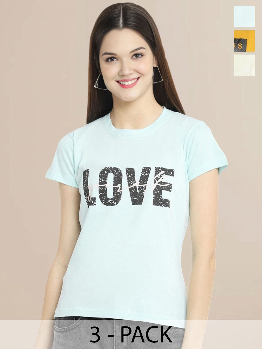 

Metronaut Women Pack Of 3 Typography Printed Round Neck Cotton T-shirts, Mustard