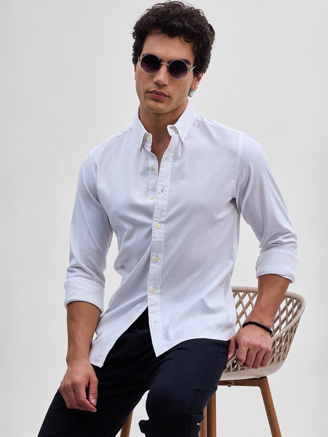 

Snitch Men Smart Button-Down Collar Solid Cotton Slim Fit Casual Shirt, White