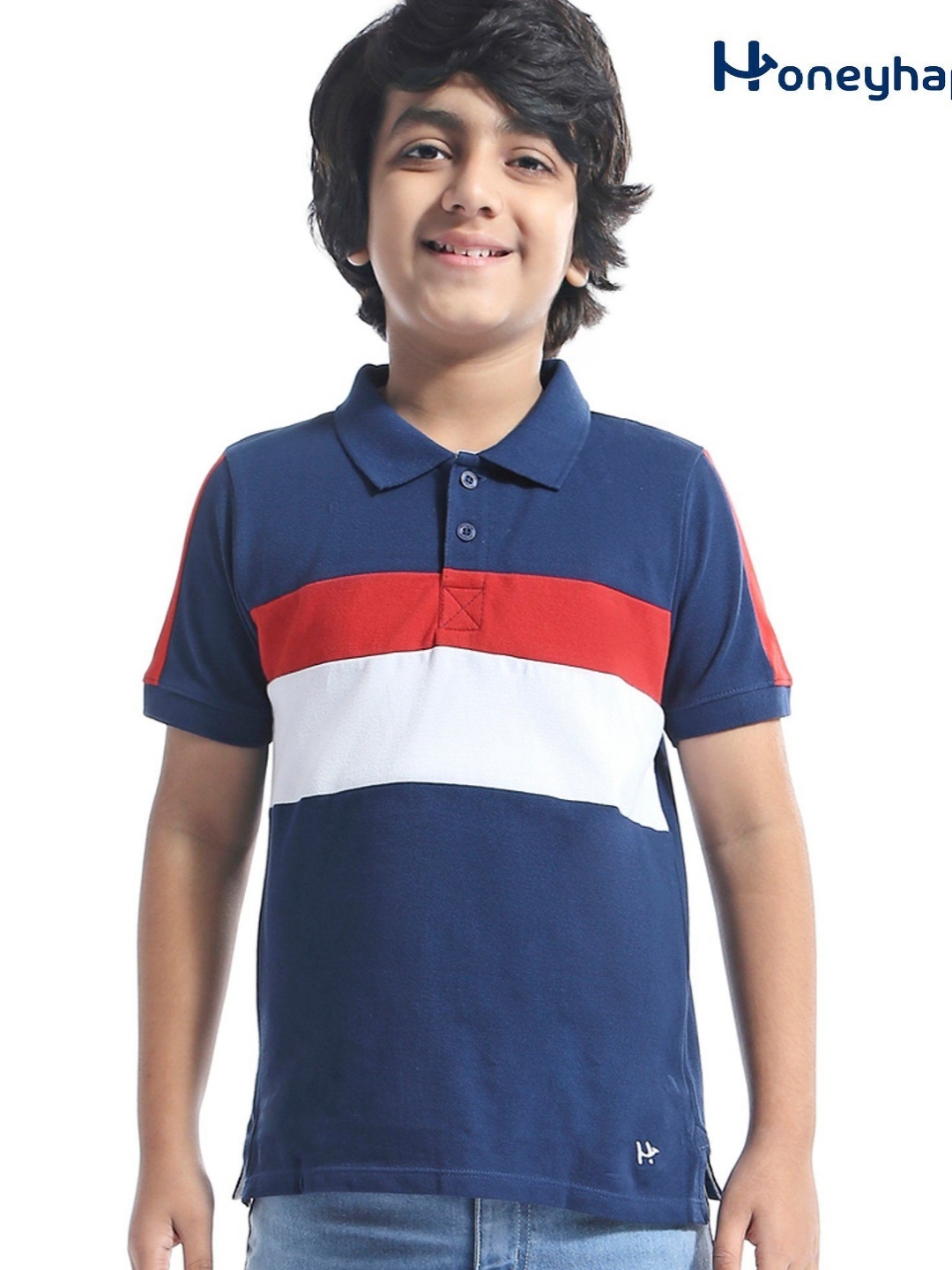 

Honeyhap Boys Colourblocked Polo Collar T-shirt, Navy blue