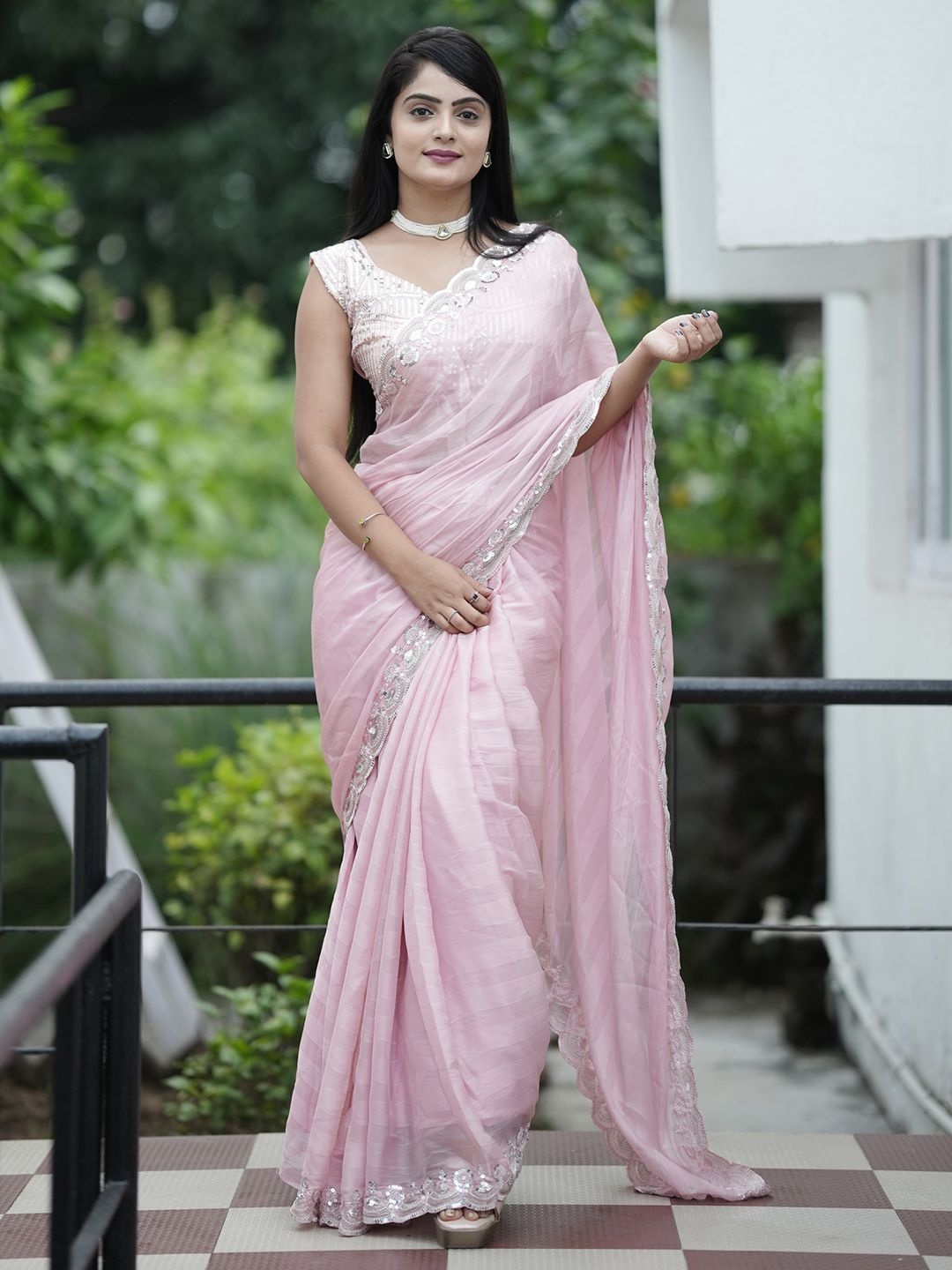 

Saree mall Striped Sequinned Poly Chiffon Designer Sarees, Pink