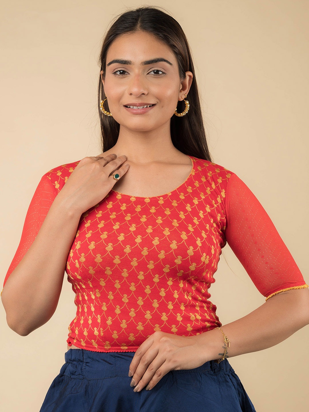 

Bindigasm's Advi Patterned Stretchable Saree Blouse, Red