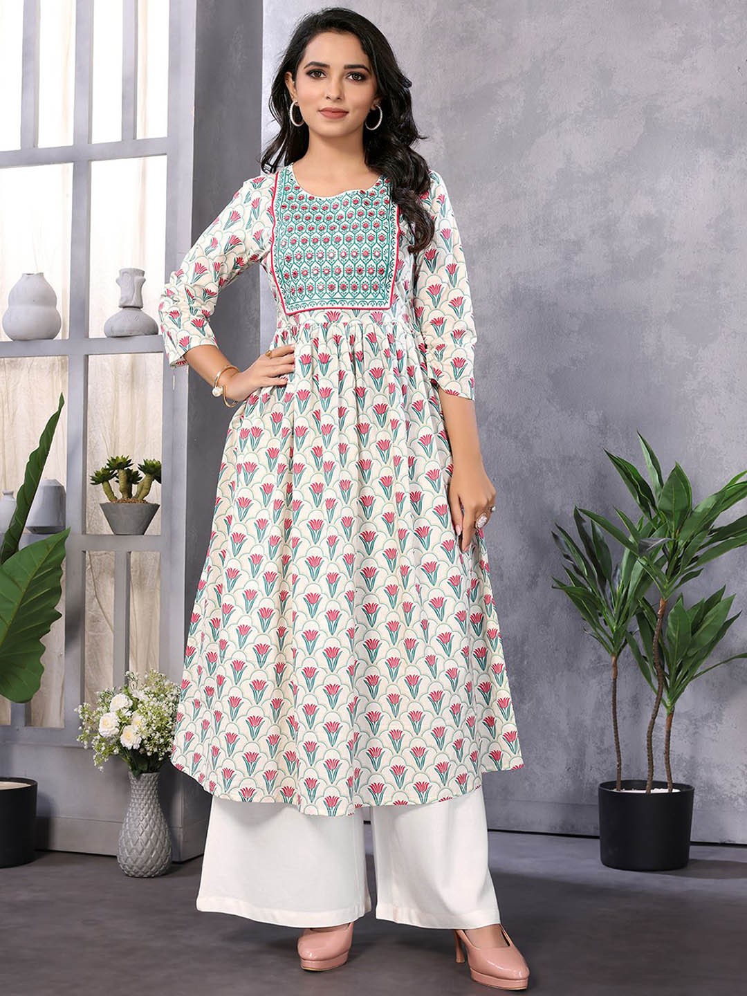 

Rangita Women Embroidered Thread Work Anarkali Kurta, Off white