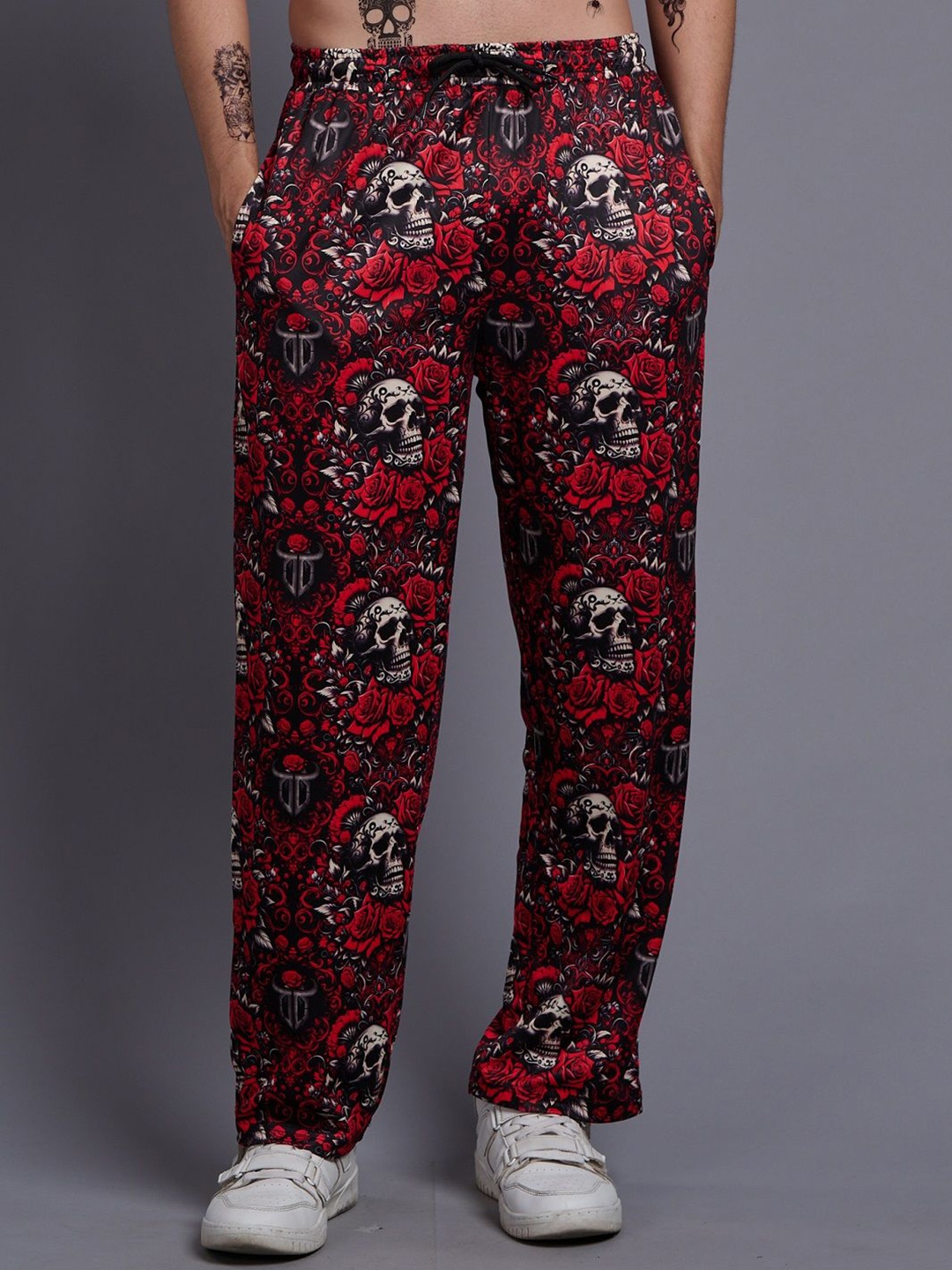 

GO DEVIL Men Cotton Floral Printed Original Loose Fit High-Rise Joggers Trouser, Red