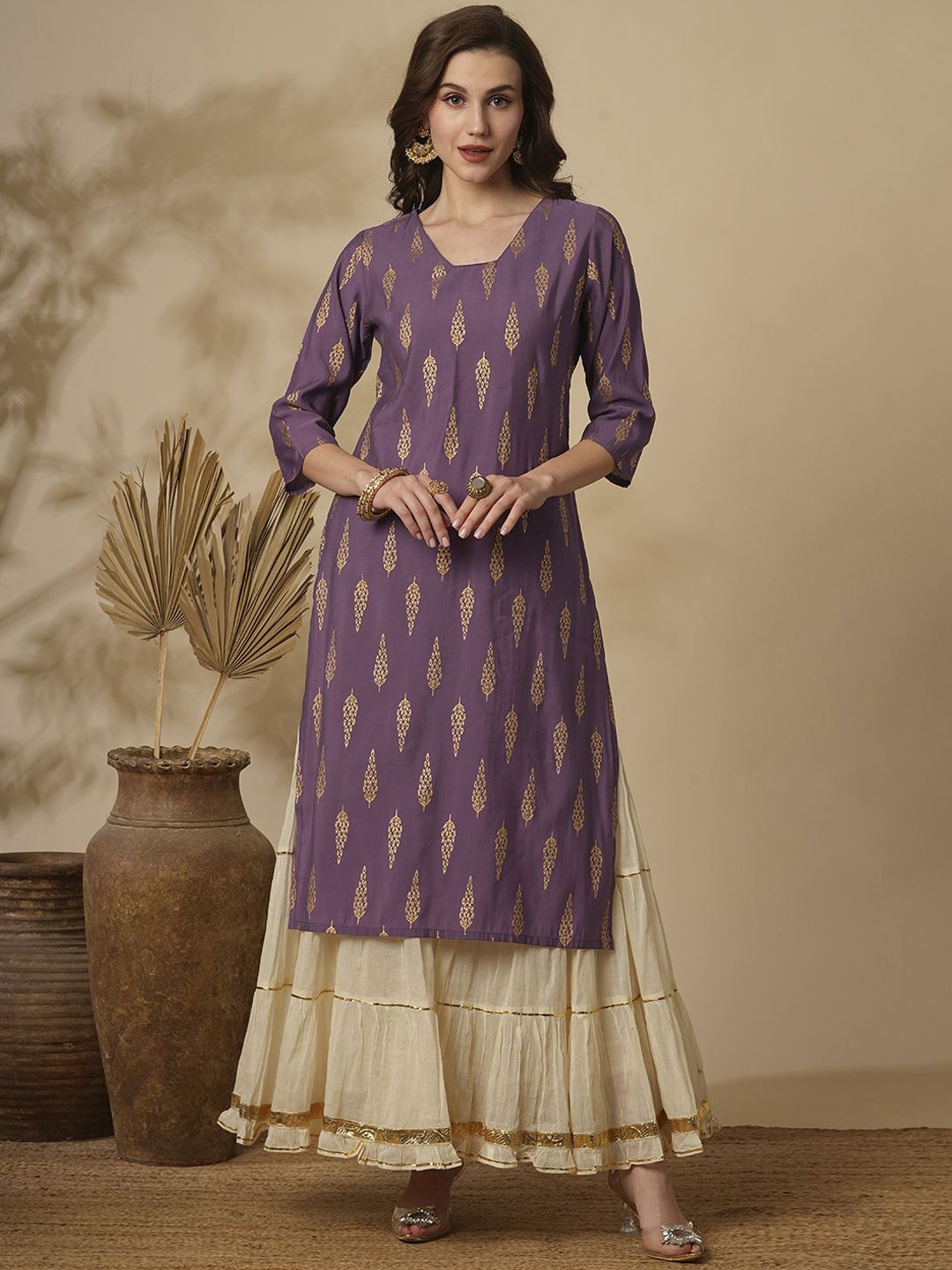 

FASHOR Women Ethnic Motifs Printed Kurta, Lavender