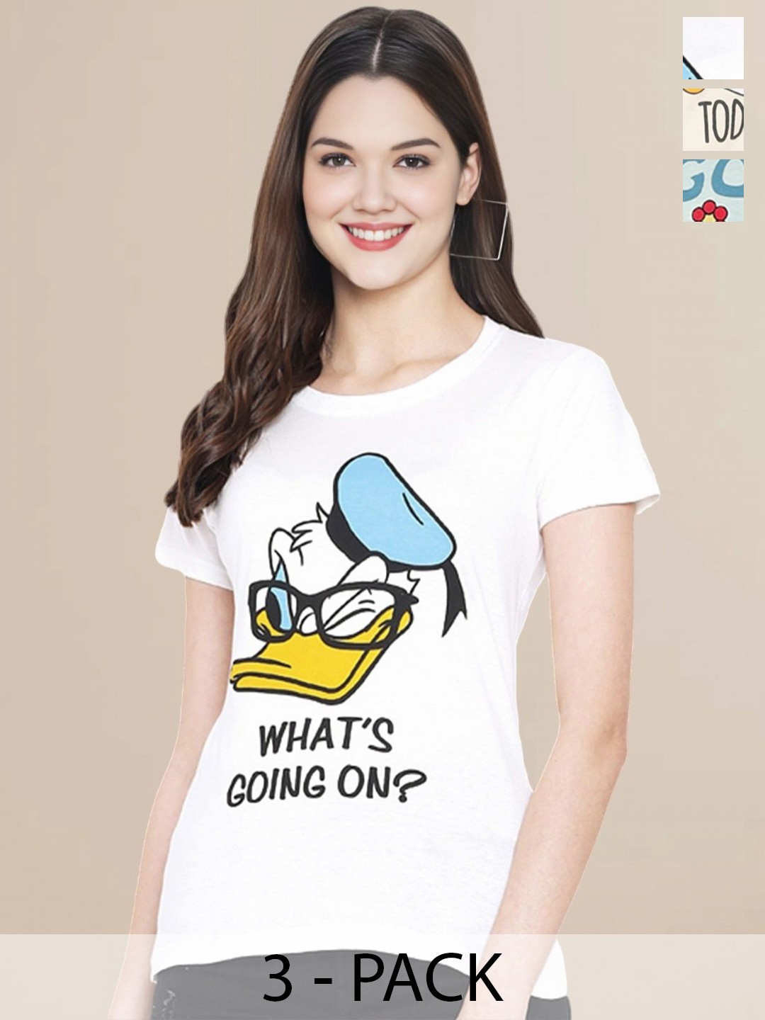 

Metronaut Women Pack Of 3 Typography Printed Round Neck Cotton Donald Duck T-shirts, Sea green