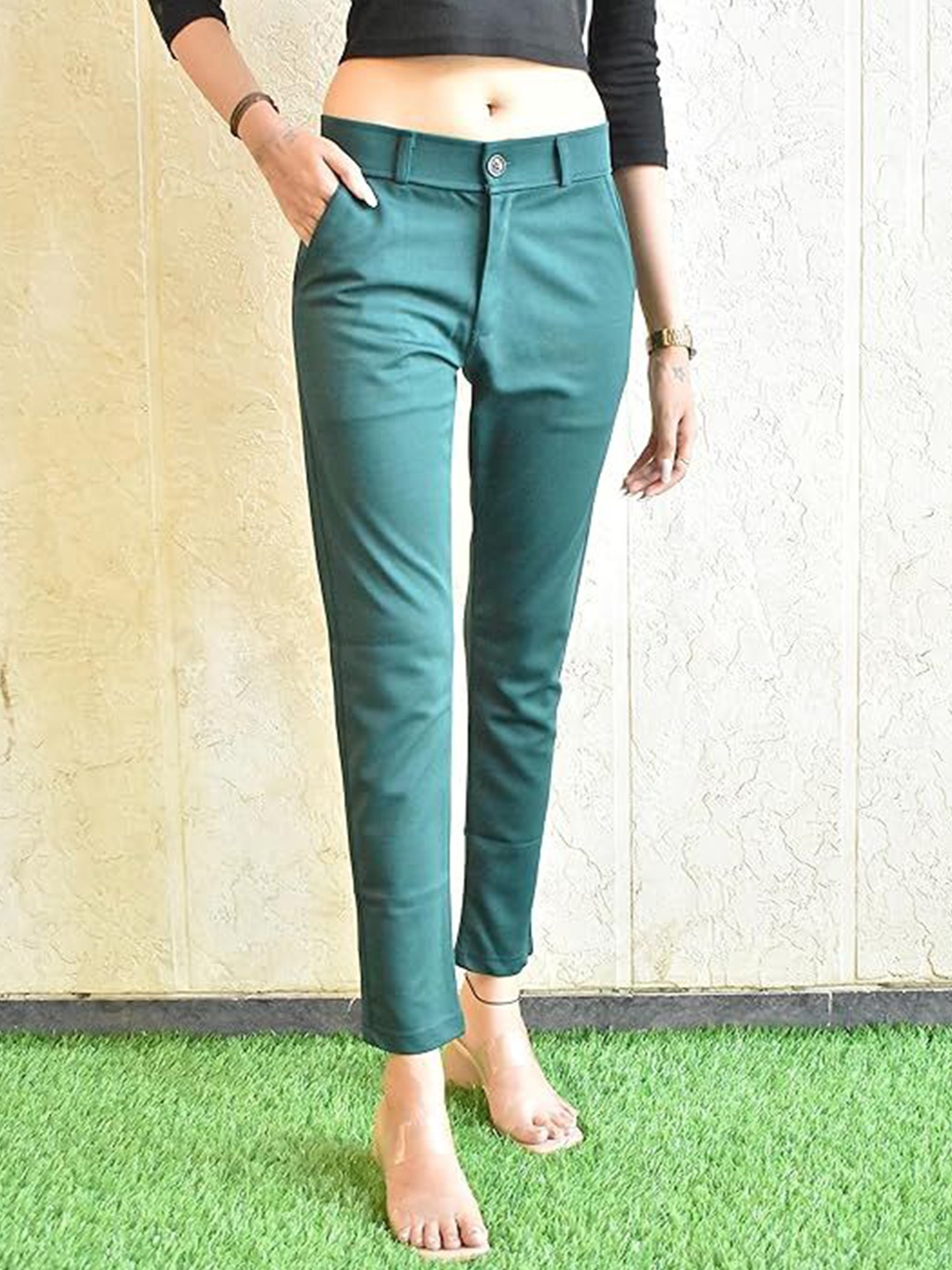 

NAAREE COLLECTION Women Slim Fit Mid-Rise Trousers, Green