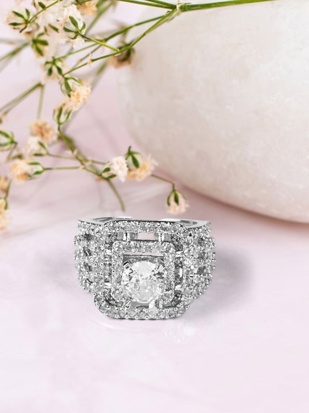 

Bamboo Tree Jewels Silver-Plated American Diamond Studded Adjustable Finger Ring