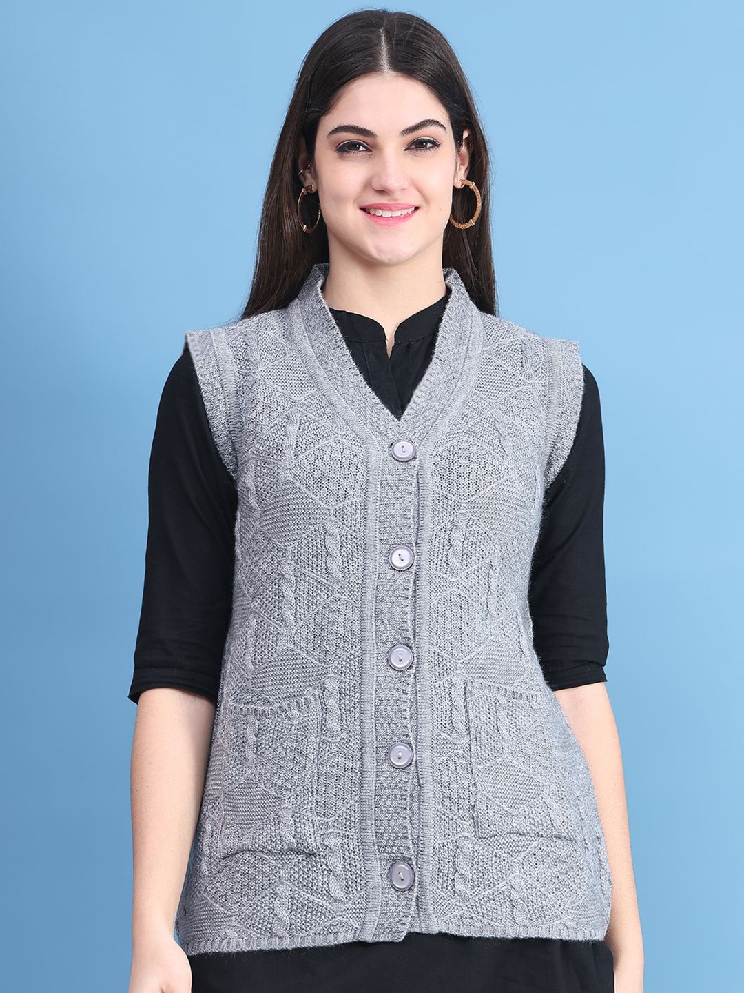 

PERFECT LINE Women Solid V-Neck Sweater Vest, Grey