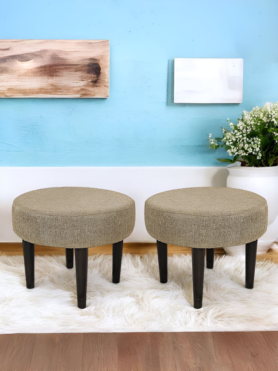 

Ikiriya 2-Pcs Beige Round Wooden Stools with Jute Upholstery
