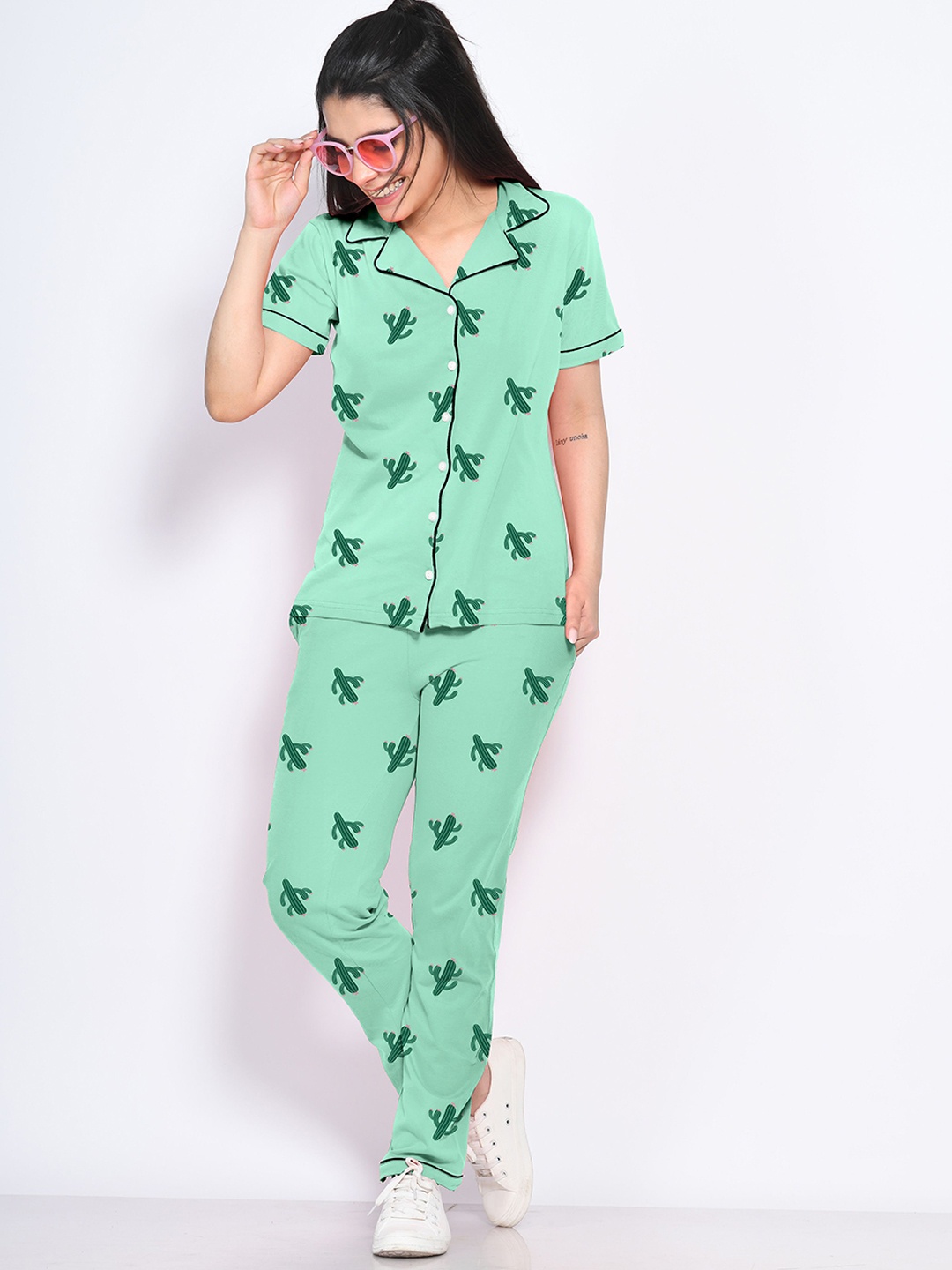 

NAP STORY Cactus Printed Shirt & Pyjama Nightsuit, Green