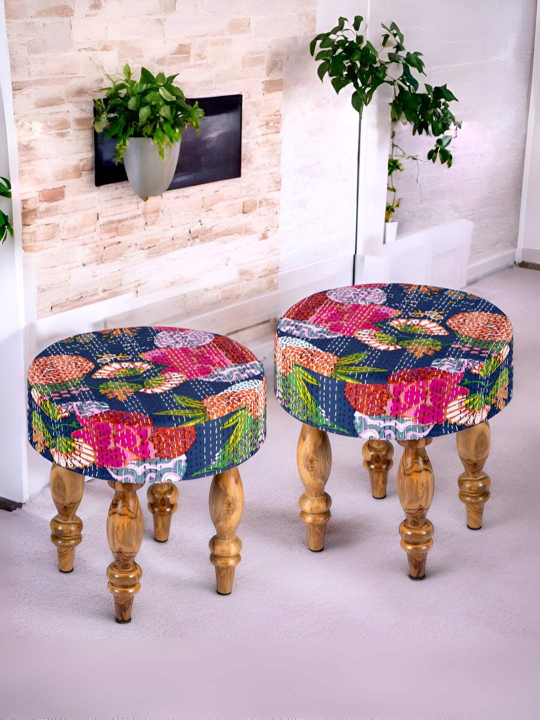 

Ikiriya Set of 2 Sheesham Wood Printed Mid Century Round Stools, Blue