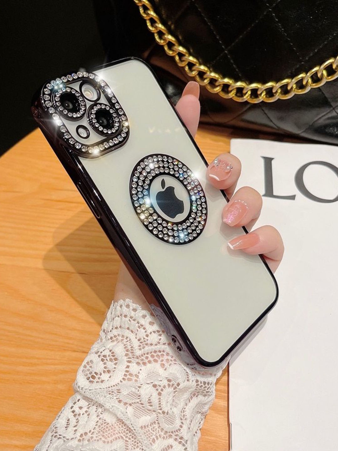 

LuxuryKase Black Embellished LK030 iPhone 15 Plus Logo Hole Phone Case