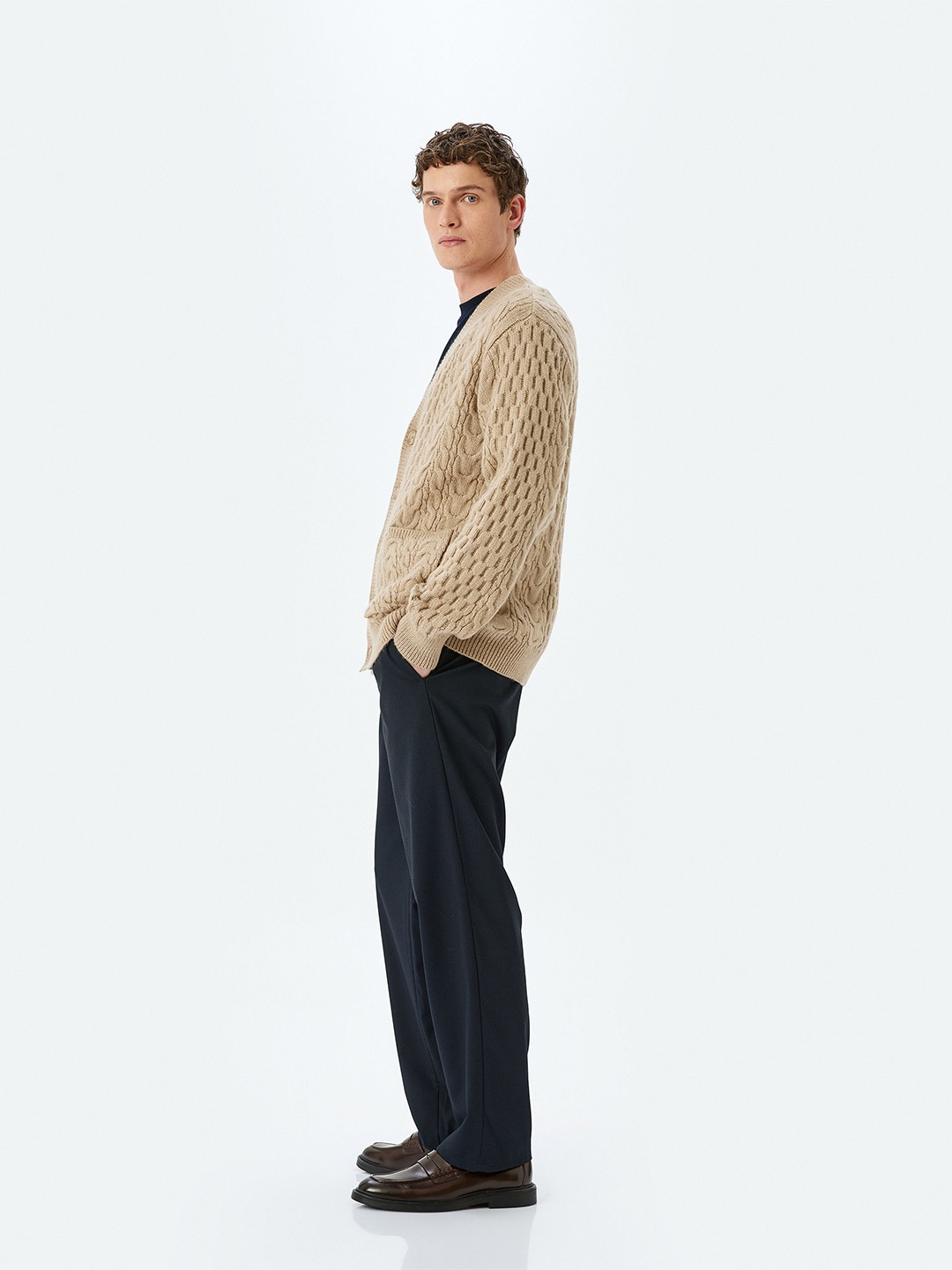 

Koton Men Self Design Cable Knit Cardigan Sweaters, Beige