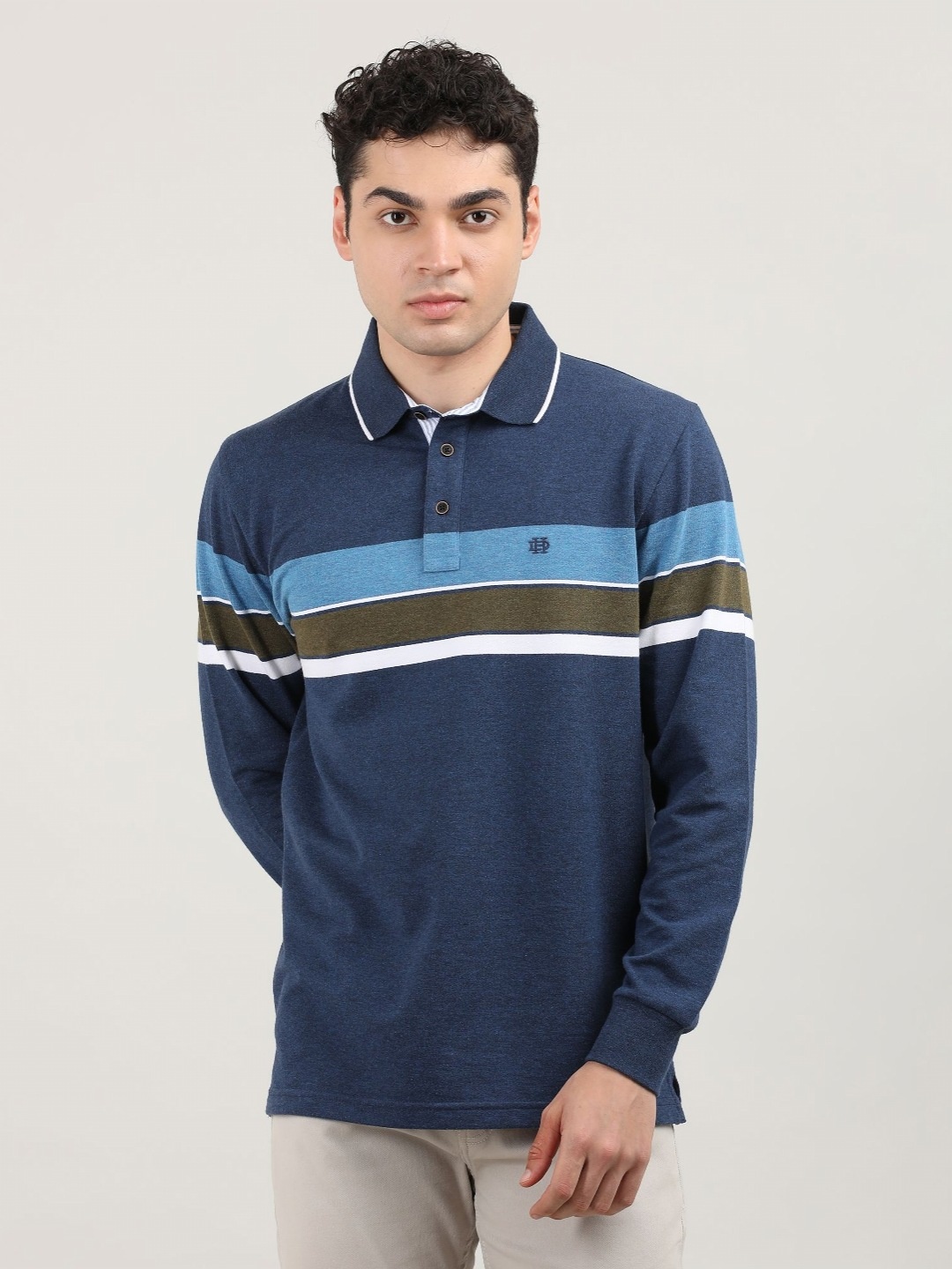 

DRAGON HILL Men Striped Polo Collar Applique Slim Fit T-shirt, Blue
