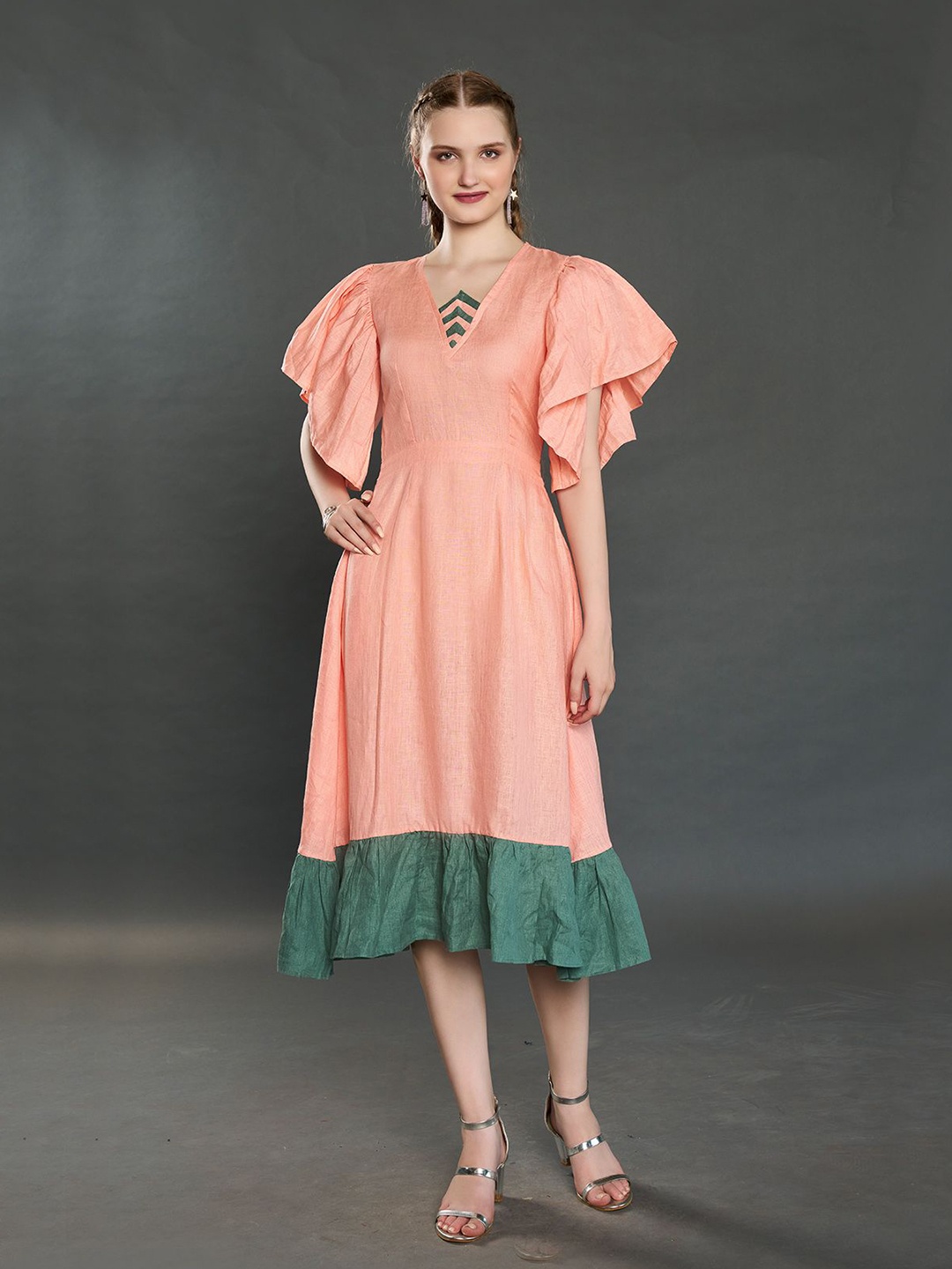 

ZILAIRE Flutter Sleeve Linen Fit & Flare Dress, Peach