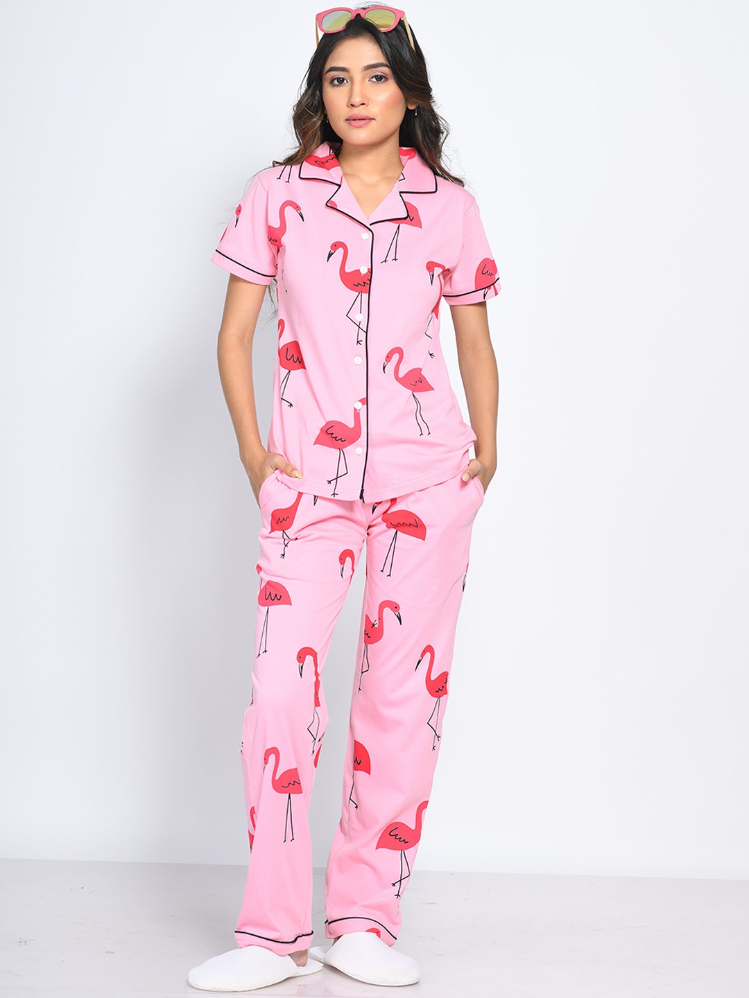 

NAP STORY Flamingo Printed Half Sleeves Shirt and Pyjama Nightsuit Set, Pink