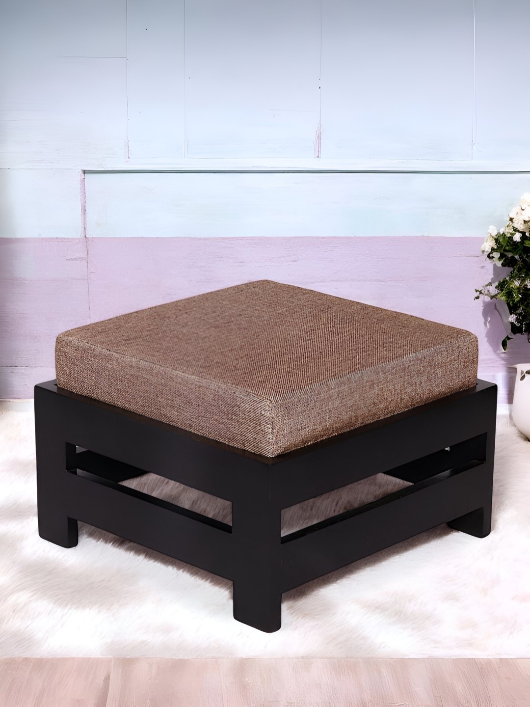 

Ikiriya Sheesham Wood Mahagony Finish Foot Stool with Jute Cushion, Beige