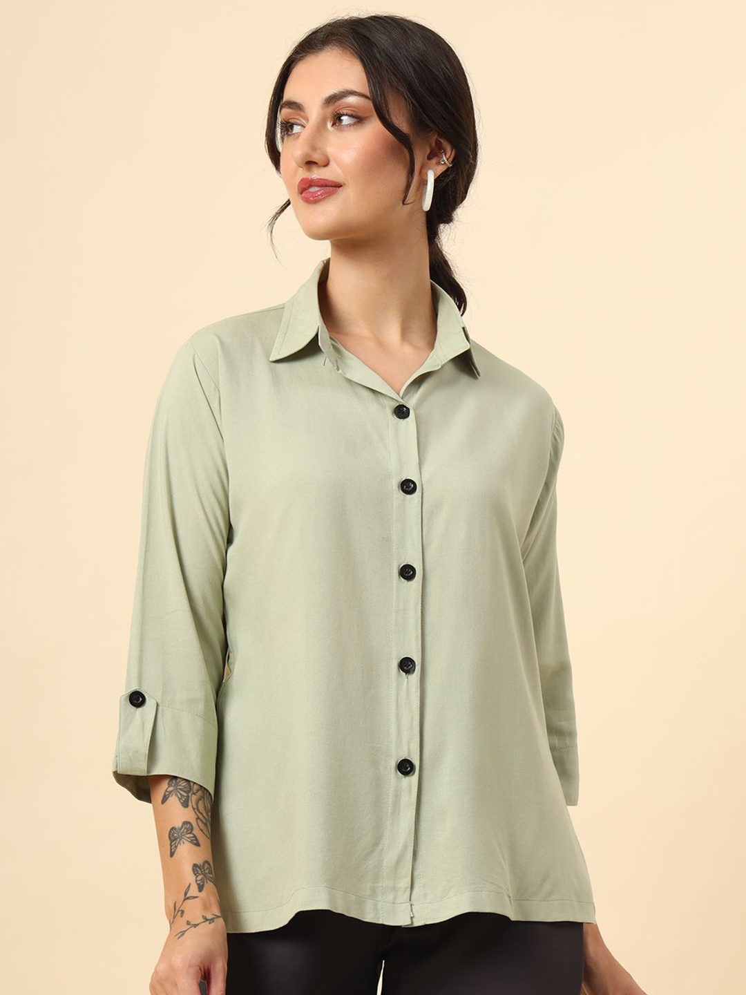 

HERE&NOW Women Comfort Opaque Casual Shirt, Olive