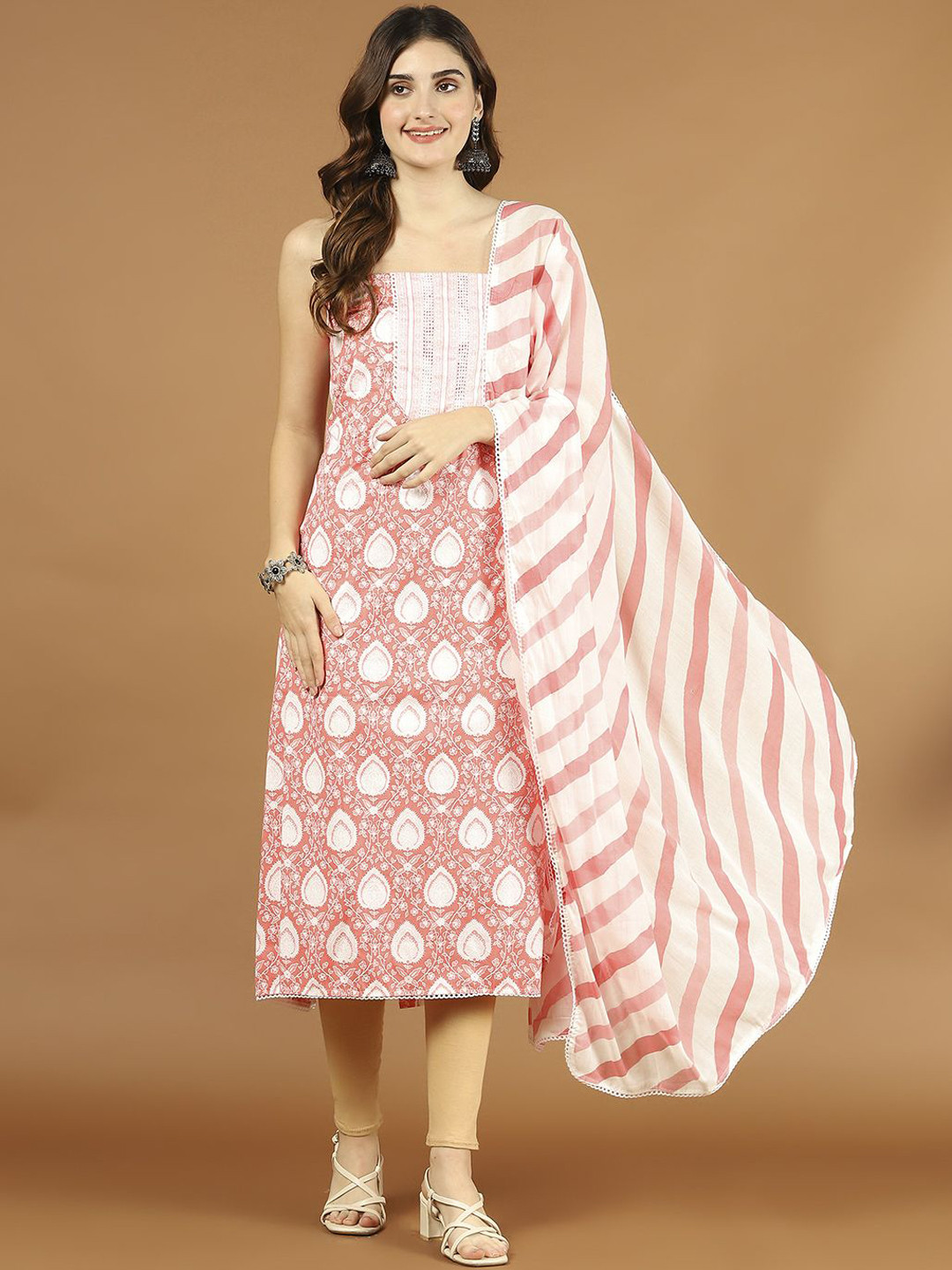 

Meena Bazaar Floral Printed Cotton Unstitched Dress Material, Peach