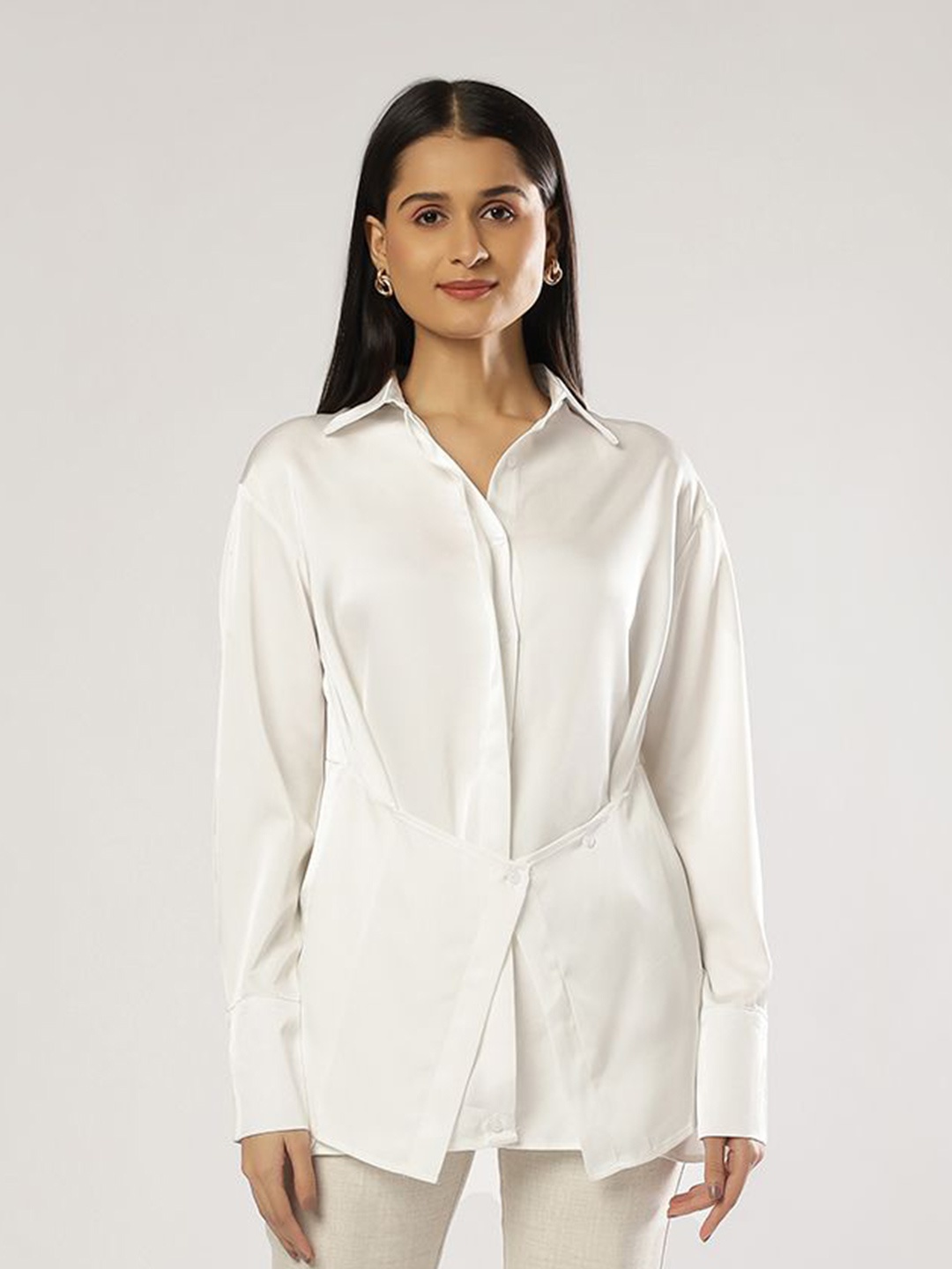 

PEACH & PANDA Women Comfort Spread Collar Solid Satin Relaxed Fit Casual Shirt, White