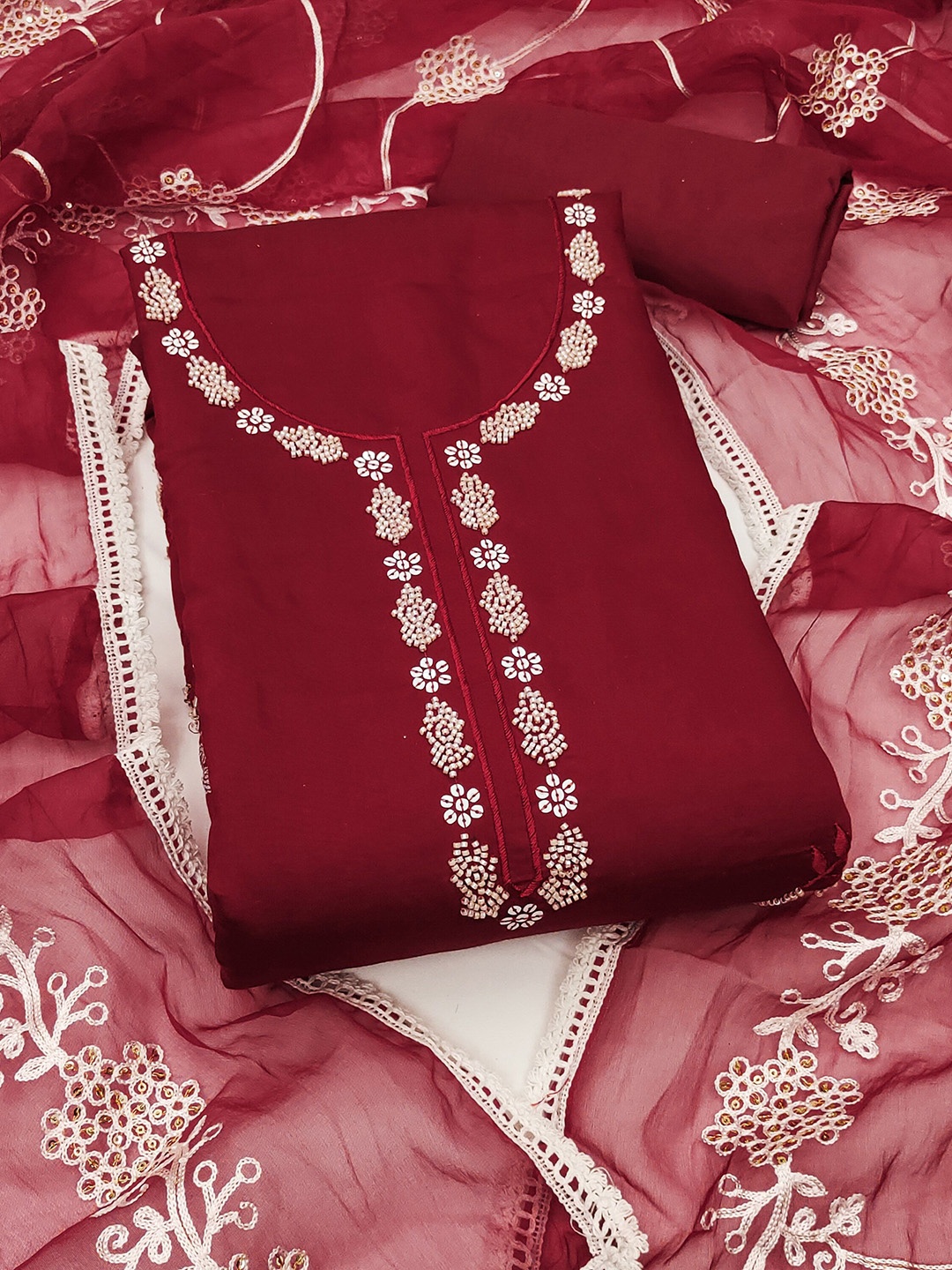 

KALINI Embroidered Pure Silk Unstitched Dress Material, Maroon