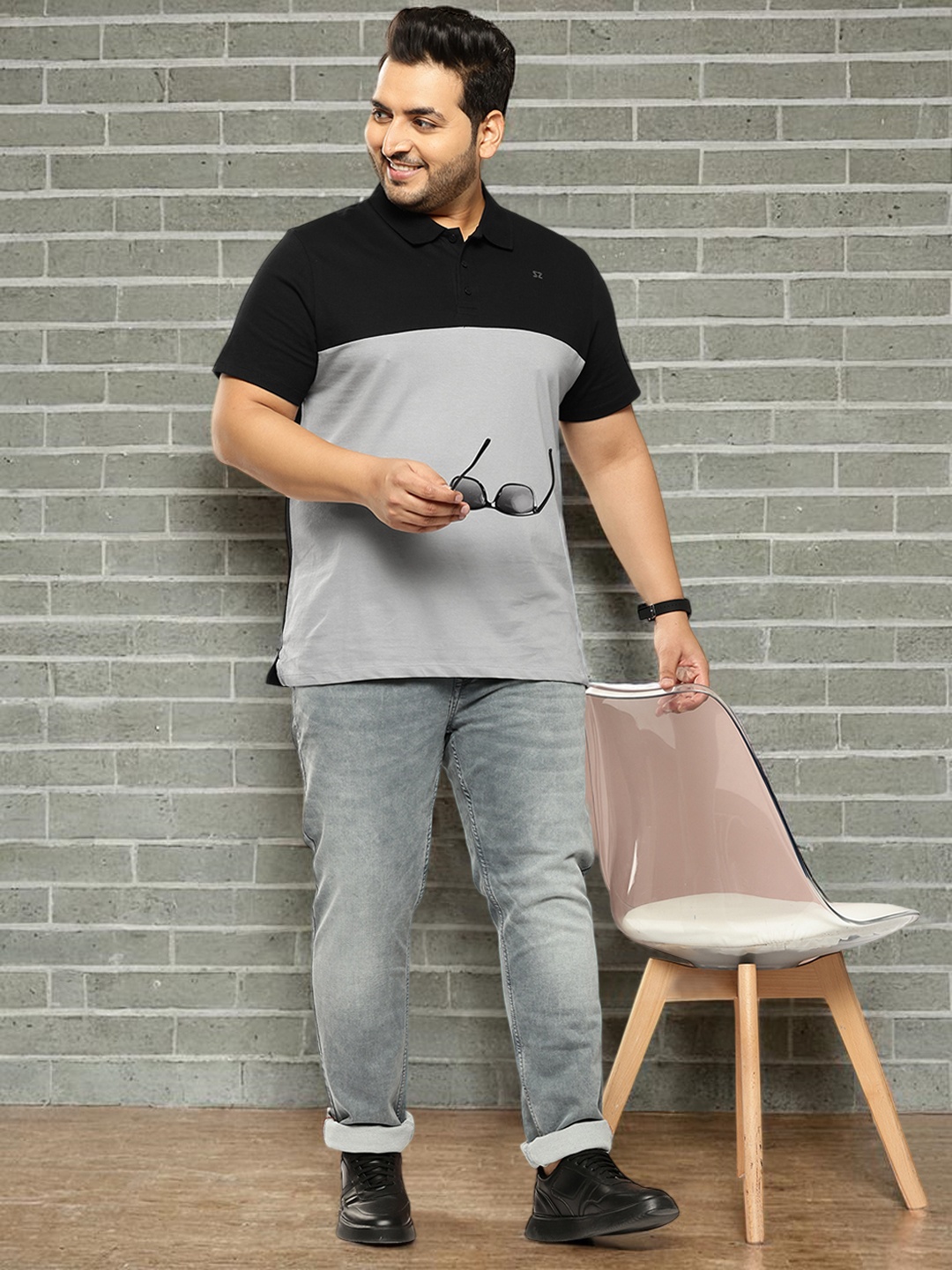 

Sztori Plus Size Colourblocked Polo Collar Pure Cotton T-shirt, Grey