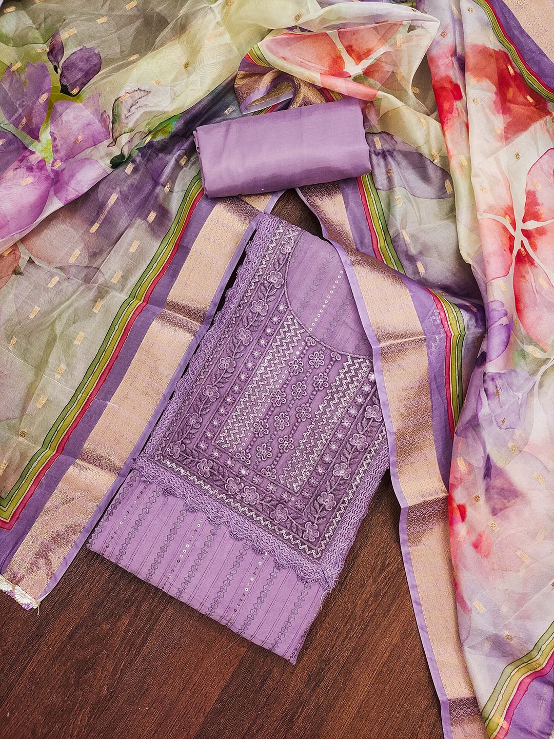 

KALINI Embroidered Pure Silk Unstitched Dress Material, Lavender