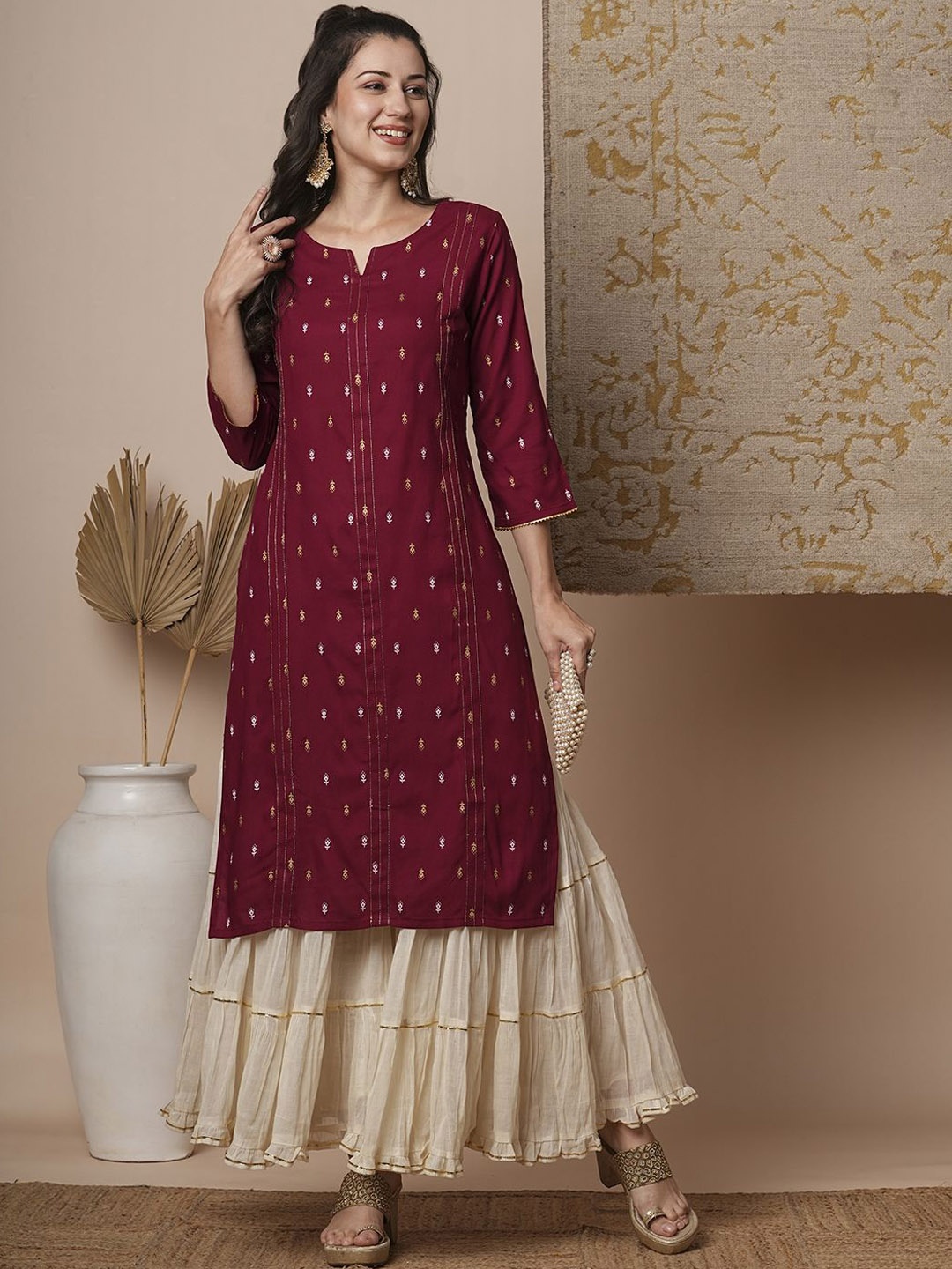 

FASHOR Women Ethnic Motifs Printed Kurta, Maroon