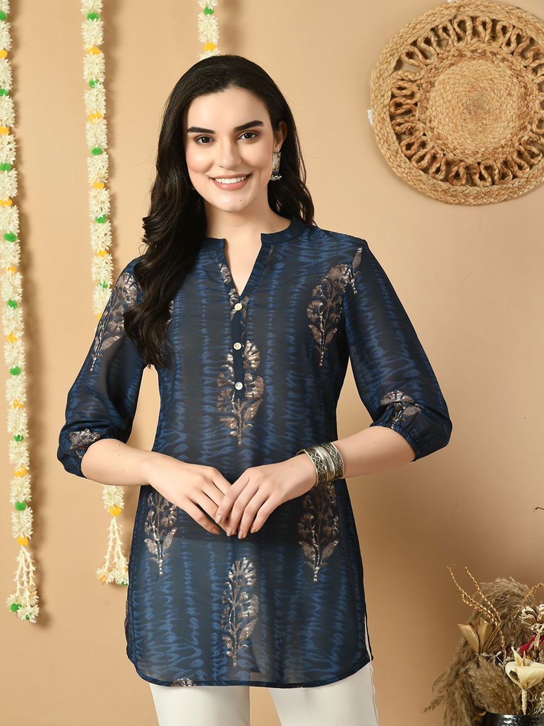 

MEESAN Mandarin Collar Printed Ethnic Tunic, Blue