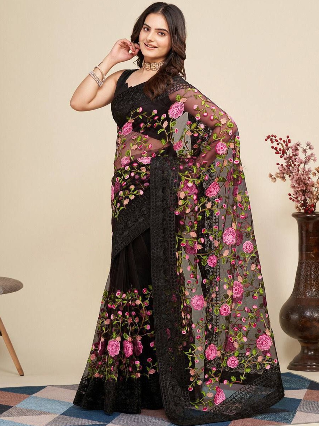 

VenderVilla Floral Embroidered Supernet Saree, Black