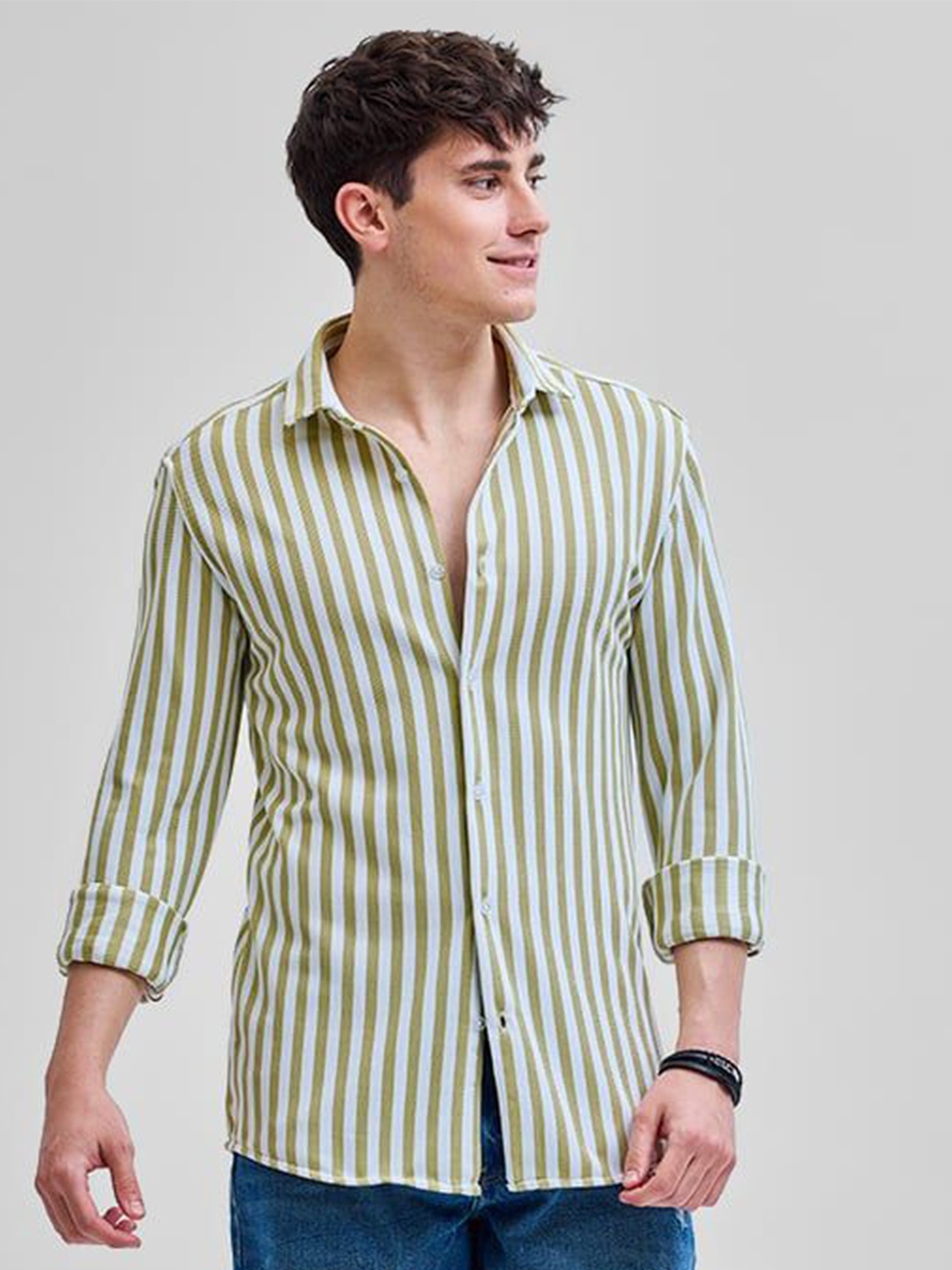 

Snitch Men Smart Slim Fit Opaque Striped Casual Shirt, Green