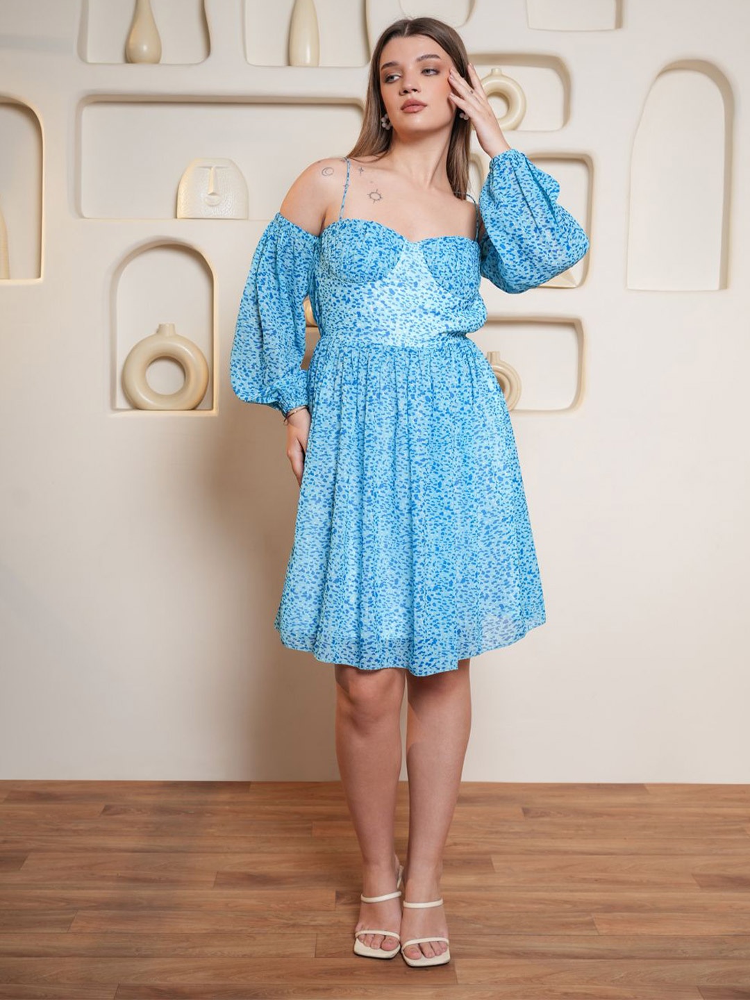 

PURVAJA Women Off-Shoulder Georgette Fit & Flare Dress, Blue