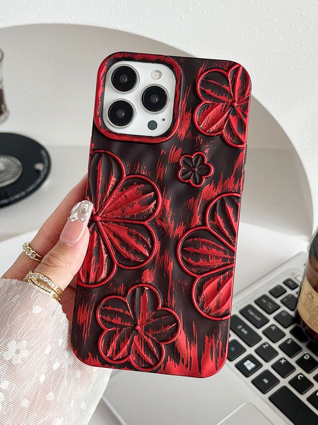 

Luxury Kase Floral Printed iPhone 15 Pro Max Back Case Mobile Accessories, Red