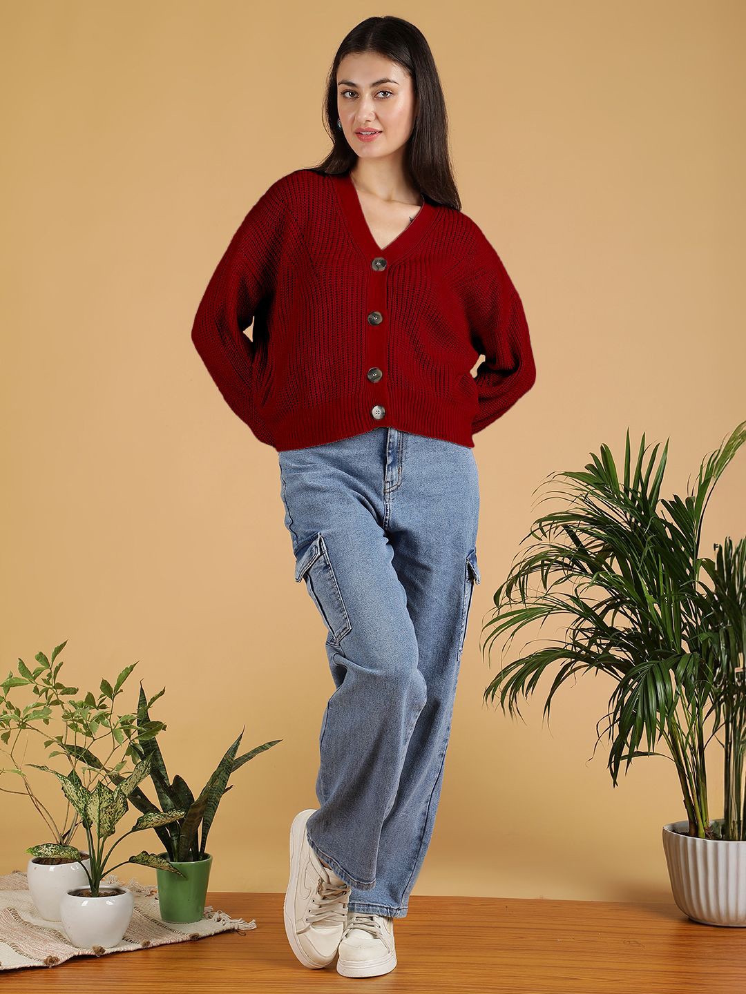 

Stylecast X Kotty Women Cable Knit Cardigan Sweaters, Maroon