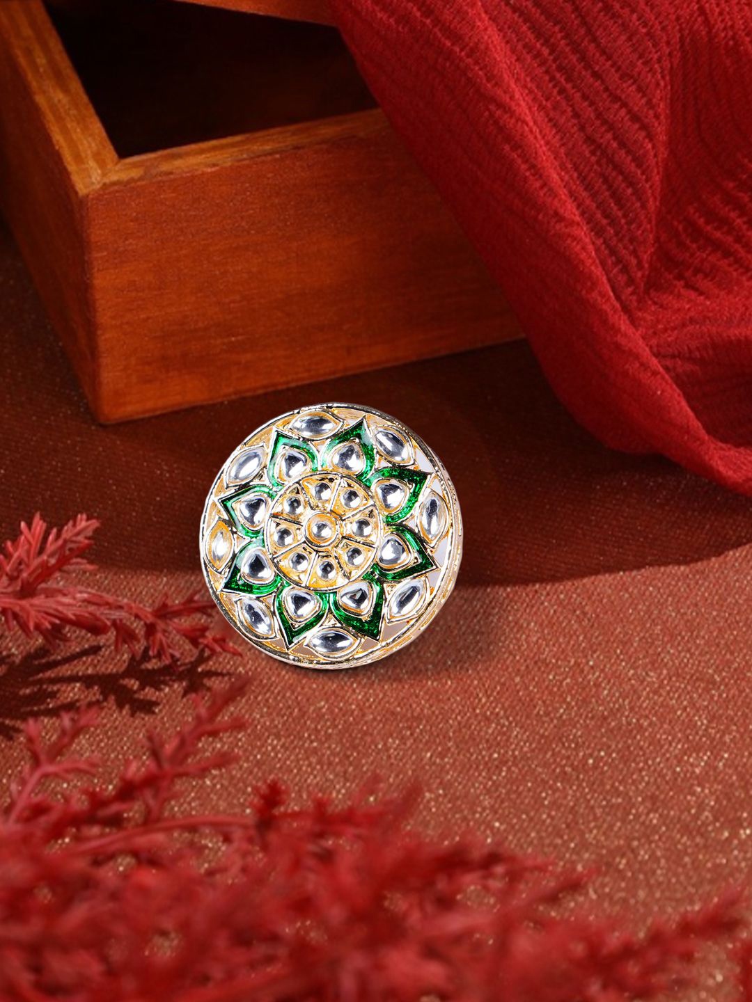 

Bamboo Tree Jewels Gold-Plated Kundan-Studded Adjustable Finger Ring, Green