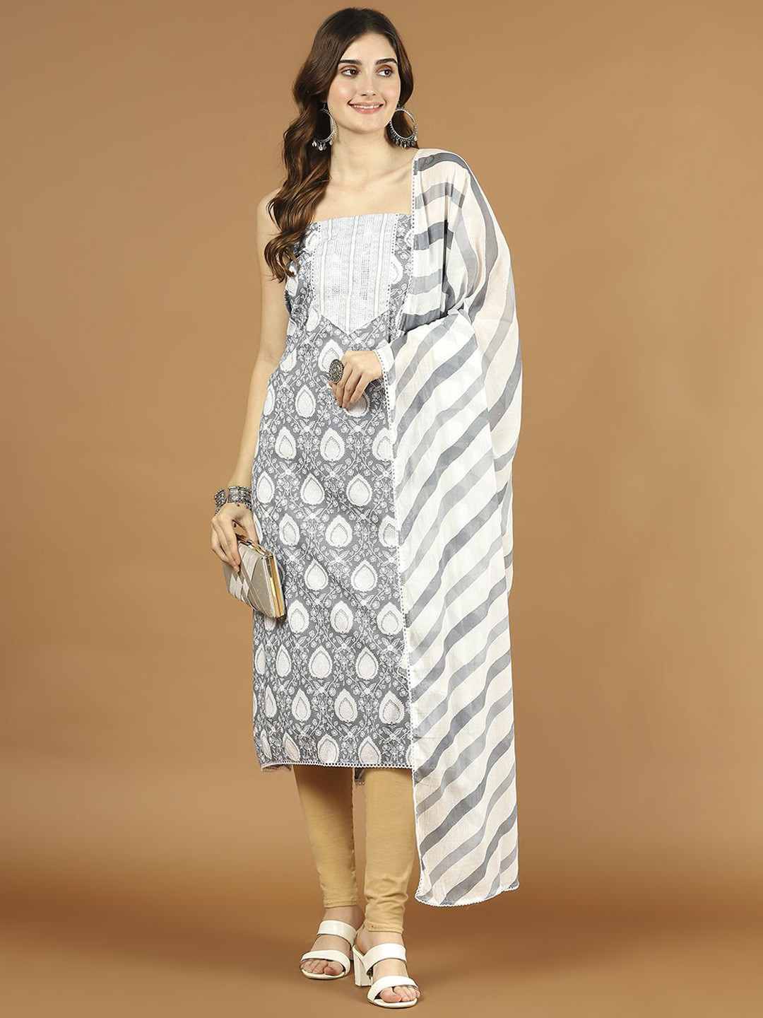 

Meena Bazaar Floral Printed Cotton Unstitched Dress Material, Grey
