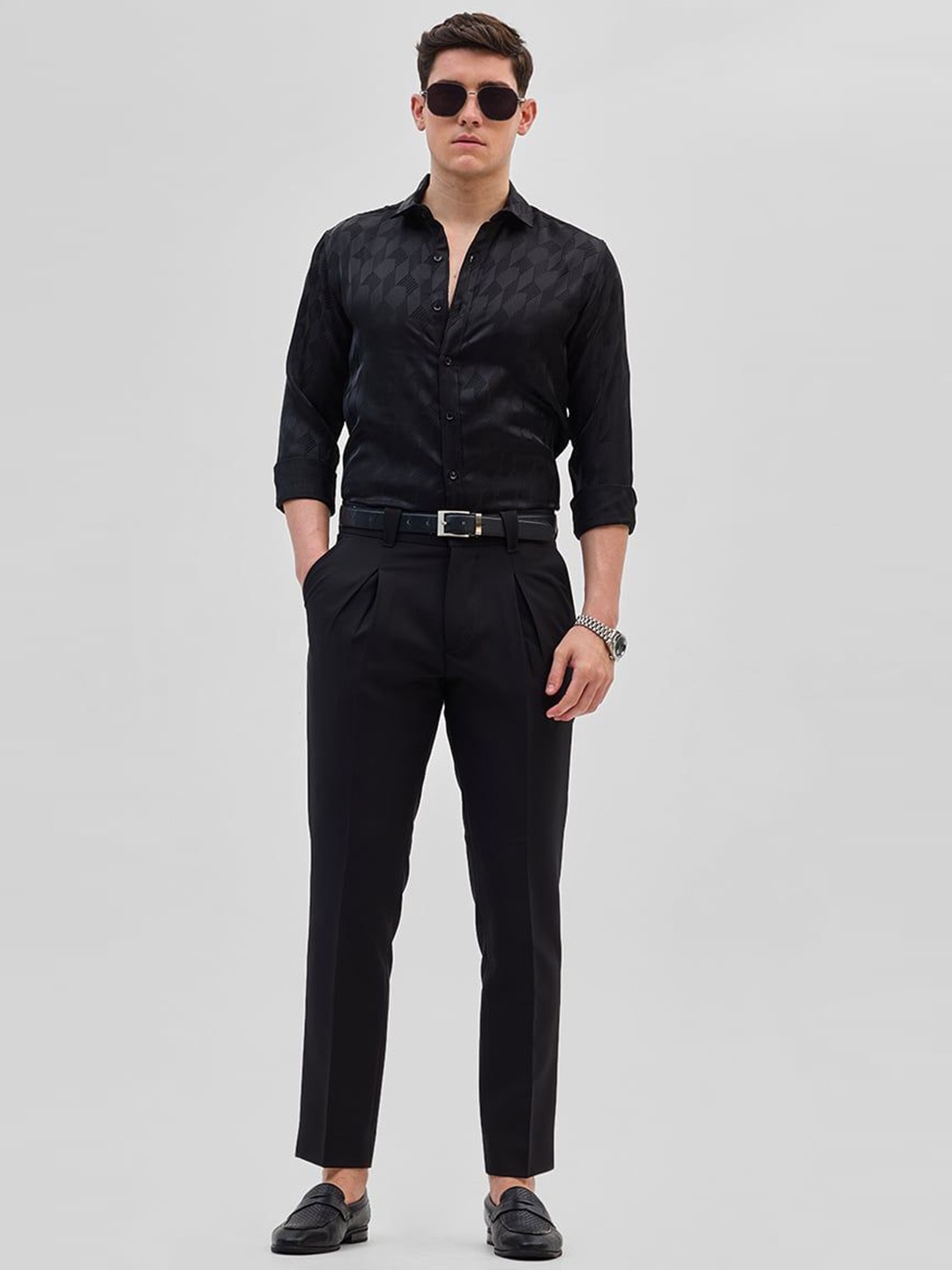 

Snitch Men Smart Slim Fit Pleated Formal Trousers, Black