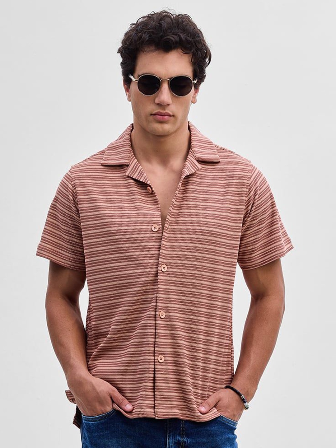 

Snitch Men Relaxed Boxy Horizontal Stripes Opaque Striped Casual Shirt, Peach