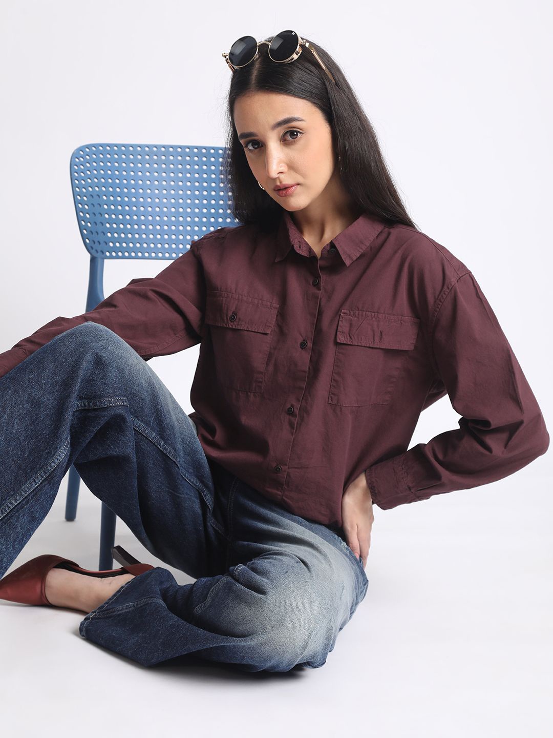 

The Roadster Lifestyle Co Cotton Full Sleeve Boxy-Fit Casual Shirt With Adjustable Hem, Burgundy