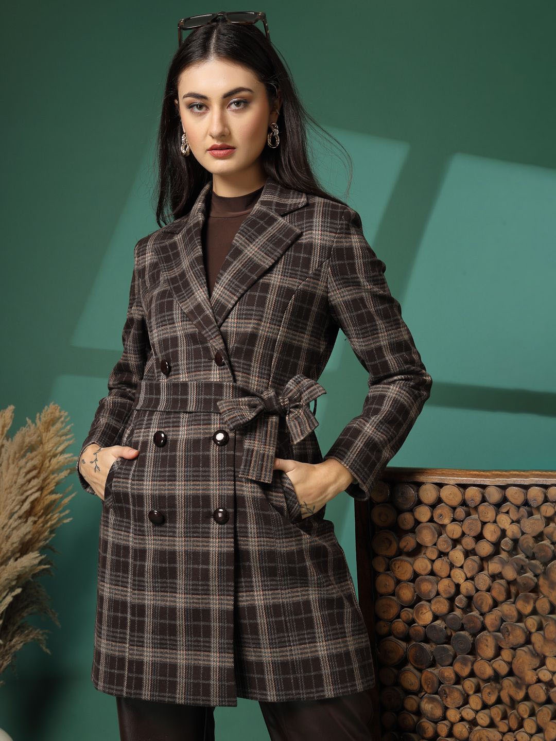 

PROTEX Women Double Breasted Winter Wear Woollen Check Coat, Coffee brown
