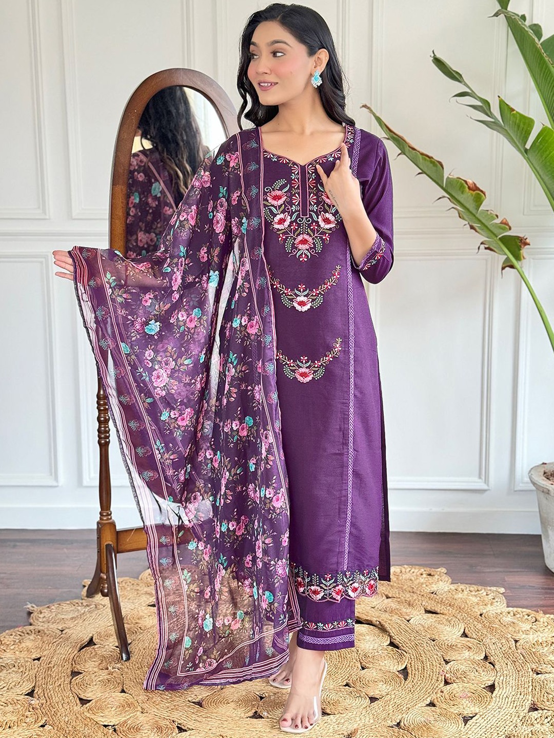 

KALINI Women Embroidered Regular Sequinned Chanderi Silk Kurta with Trousers & With Dupatta, Purple