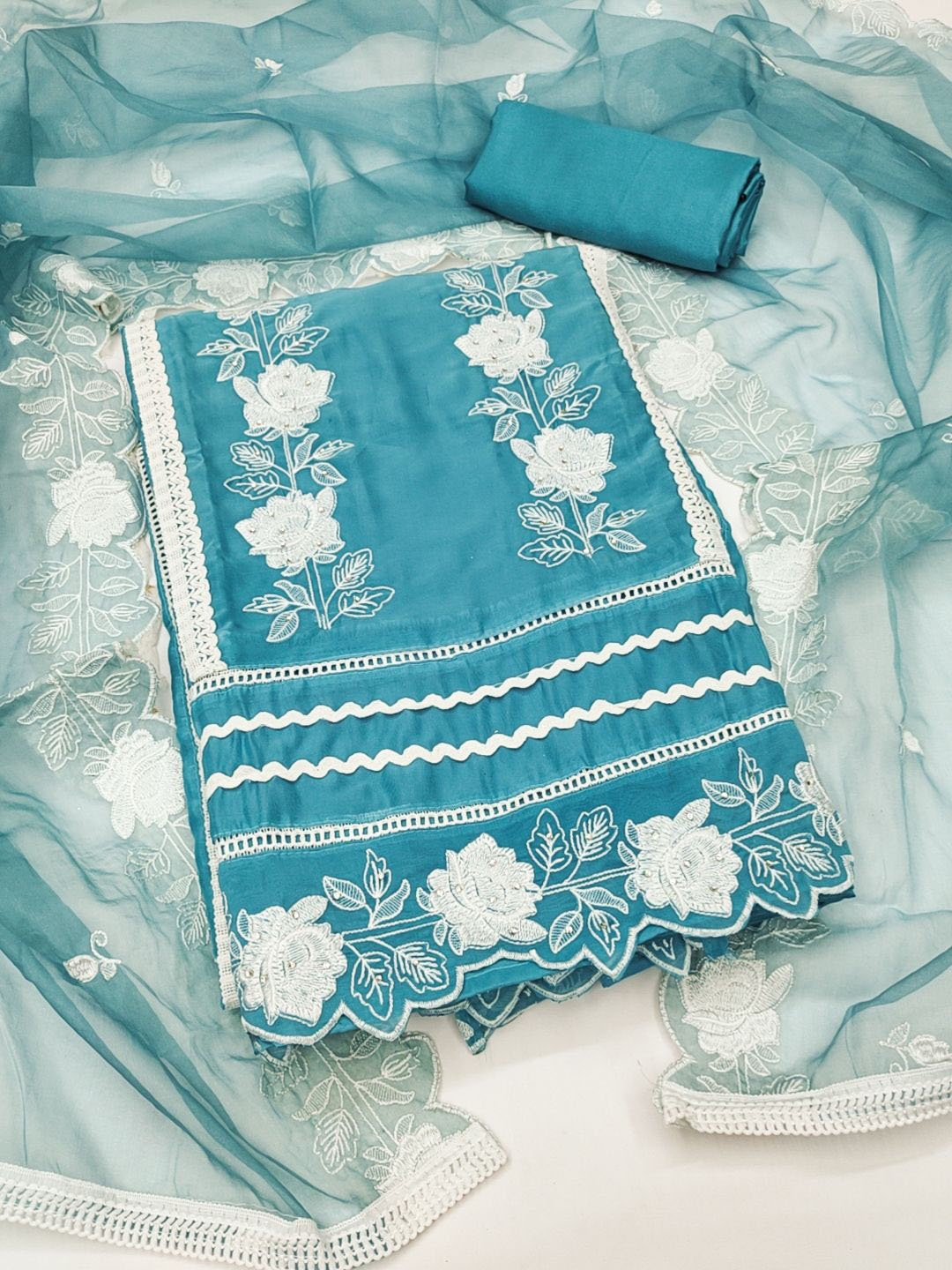 

KALINI Embroidered Organza Unstitched Dress Material, Blue