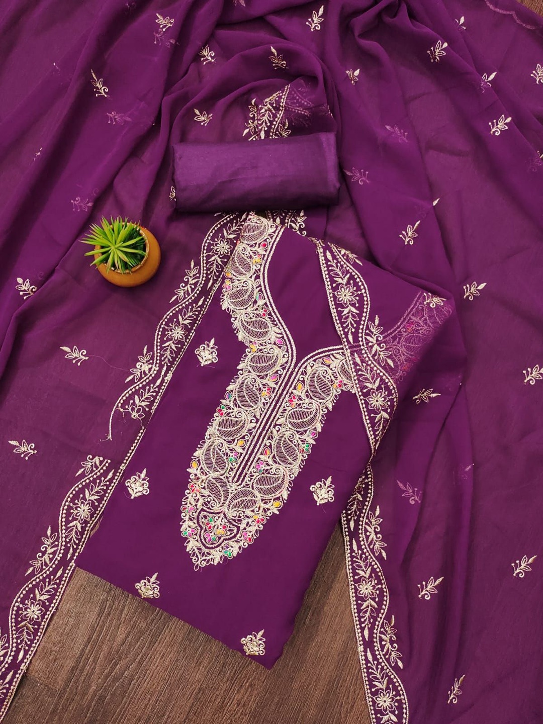

mimi design Silk Georgette Unstitched Dress Material, Purple