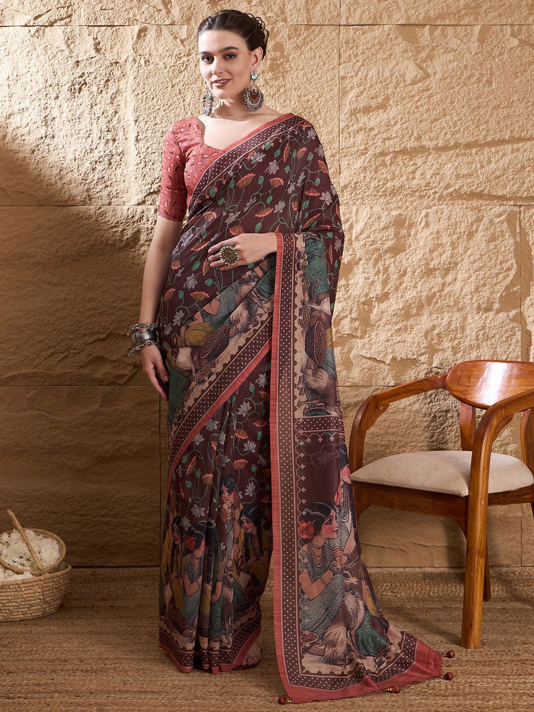 

Saree mall Kalamkari Tussar Sarees, Brown