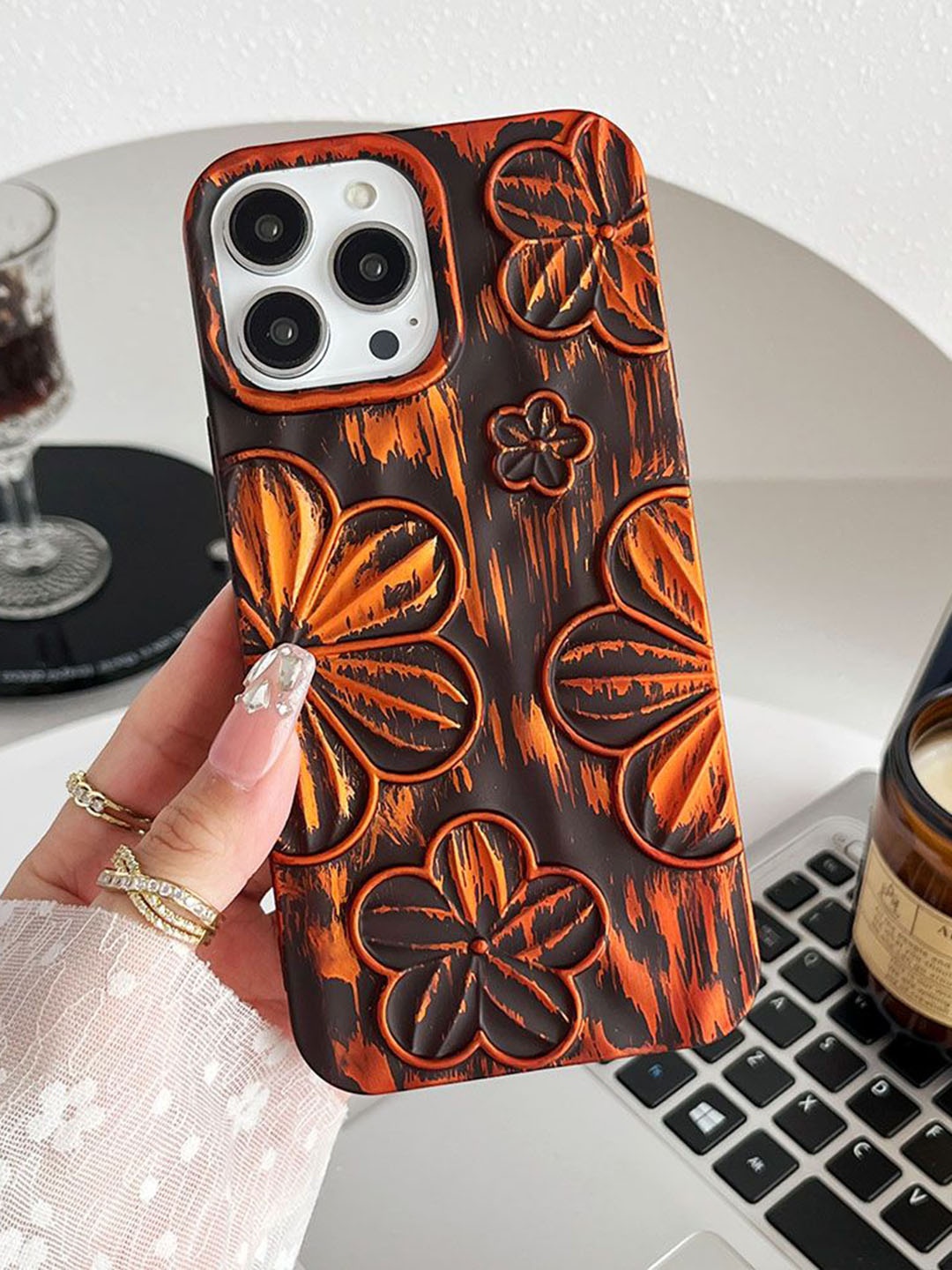 

Luxury Kase Floral Printed iPhone 15 Pro Back Case Mobile Accessories, Orange