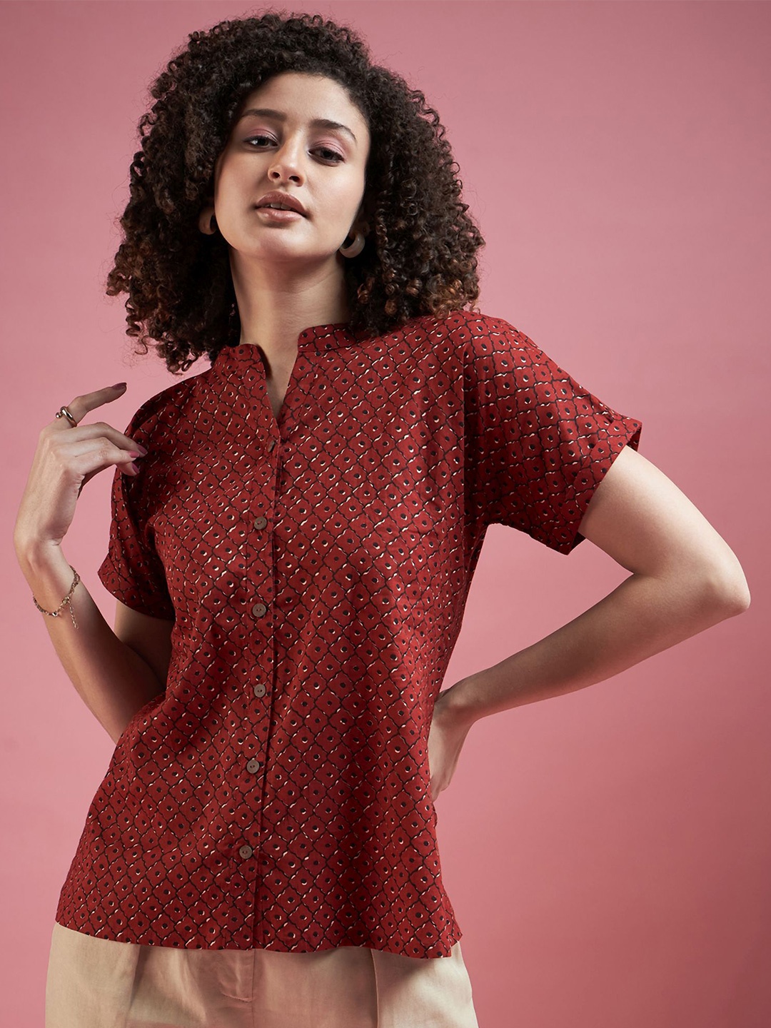 

DressBerry Women Cotton Self Design Mandarin Collar Top, Maroon