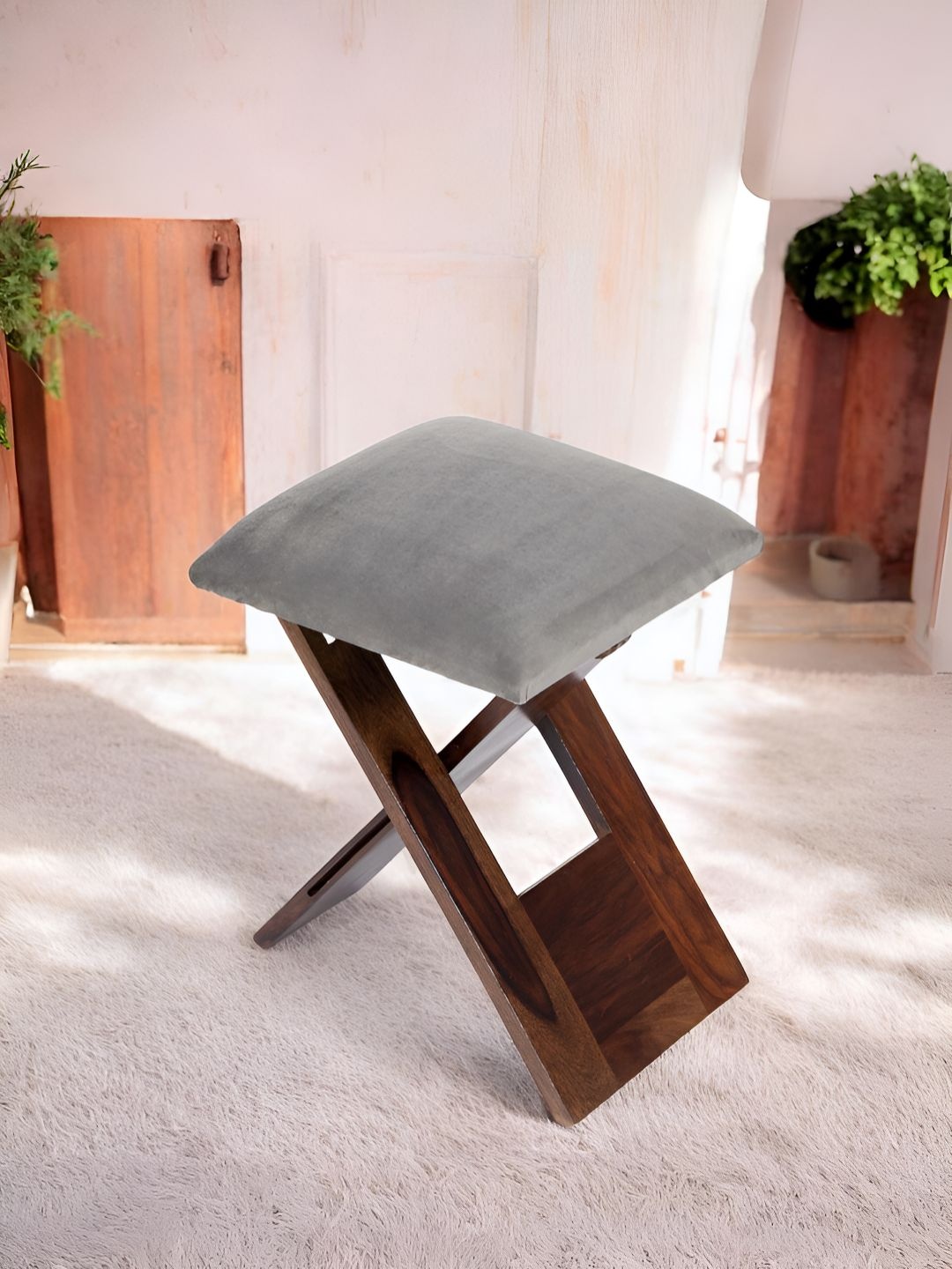 

Ikiriya Grey & Brown Wooden Foldable Stool with Upholstery