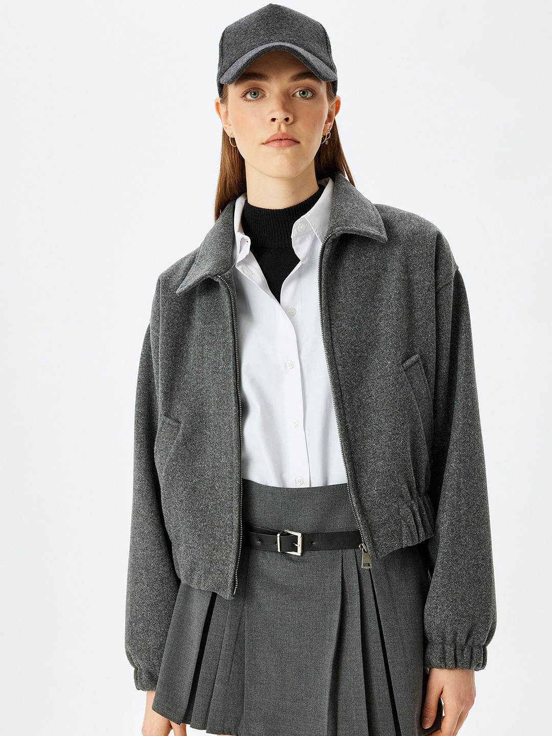 

Koton Women Lapel Collar Bomber Jacket, Grey