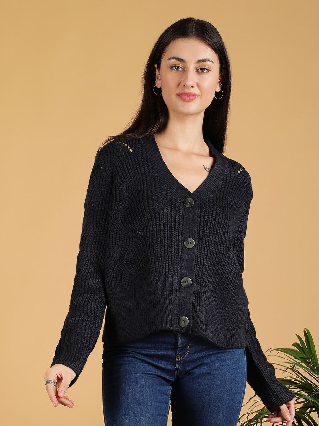 

Stylecast X Kotty Women Cotton V-Neck Self Design Cable Knit Cardigan, Black